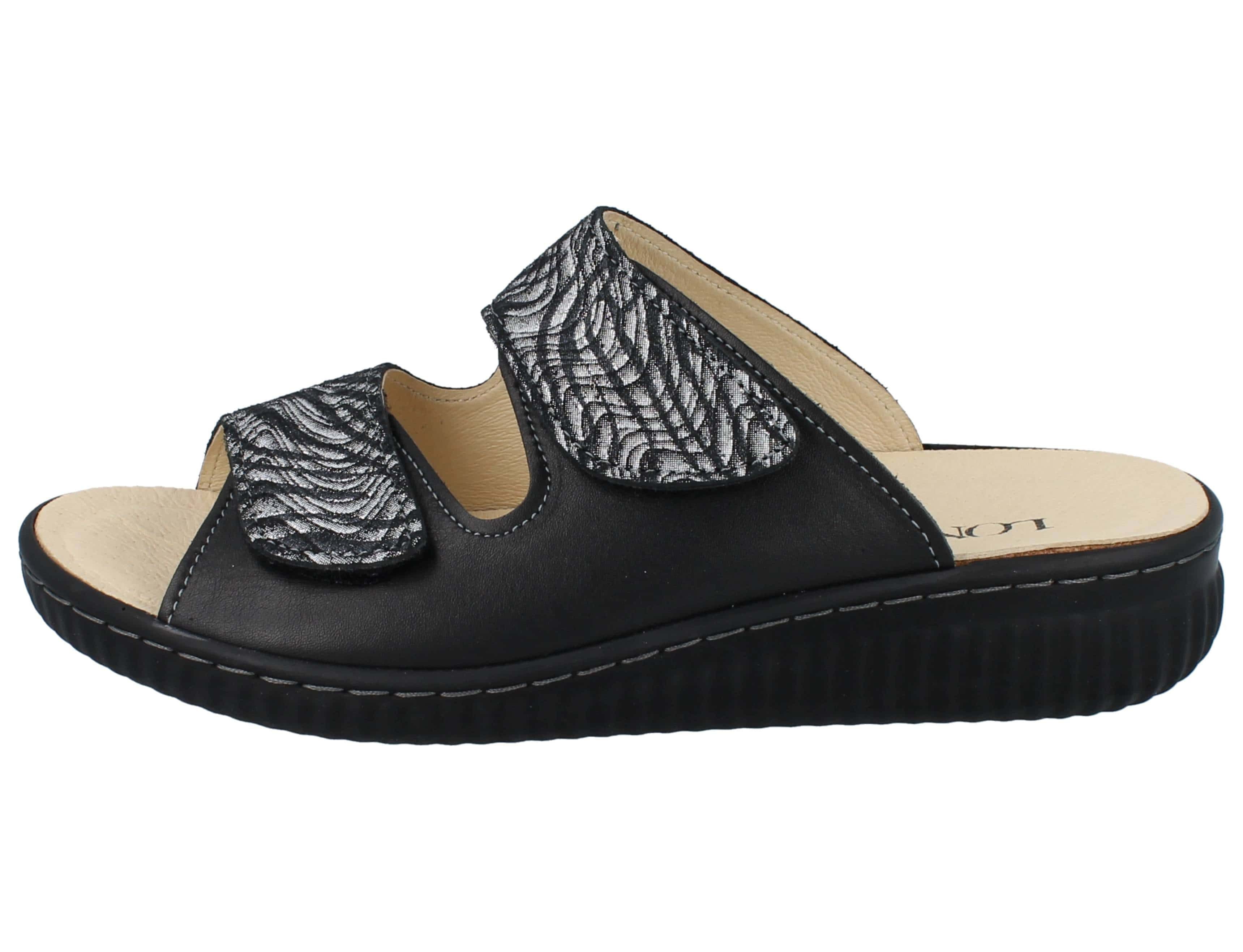 Longo LONGO Damen Pantolette schwarz silber bedrucktes Glattleder - Größe: Pantolette Wechselfußbett