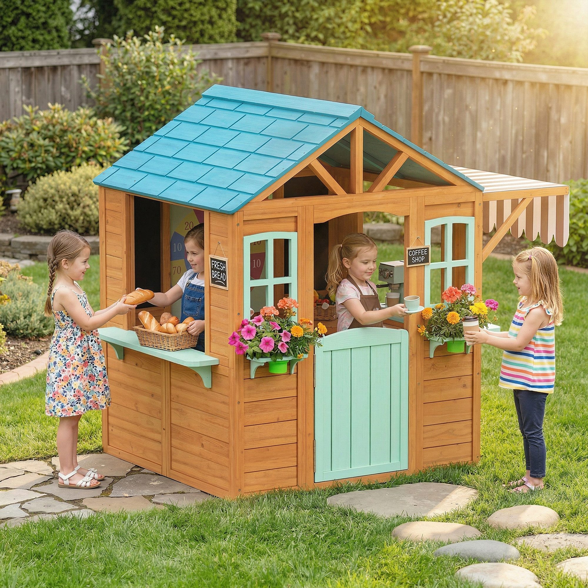 AIYAPLAY Spielhaus Gartenhaus mit Verkaufstheke Pflanzenkasten Kreidetafel Zieltuch Ball, für Kinder von 3-6 Jahren 142 x 120 x 141,5 cm Mehrfarbig