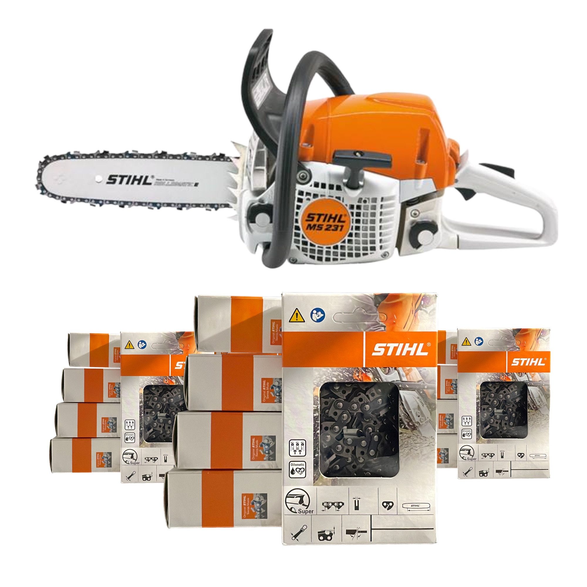 Benzin-Kettensäge Stihl MS 231 Motorsäge + 50 Profi C Sägeketten (35 cm) 3/8P1