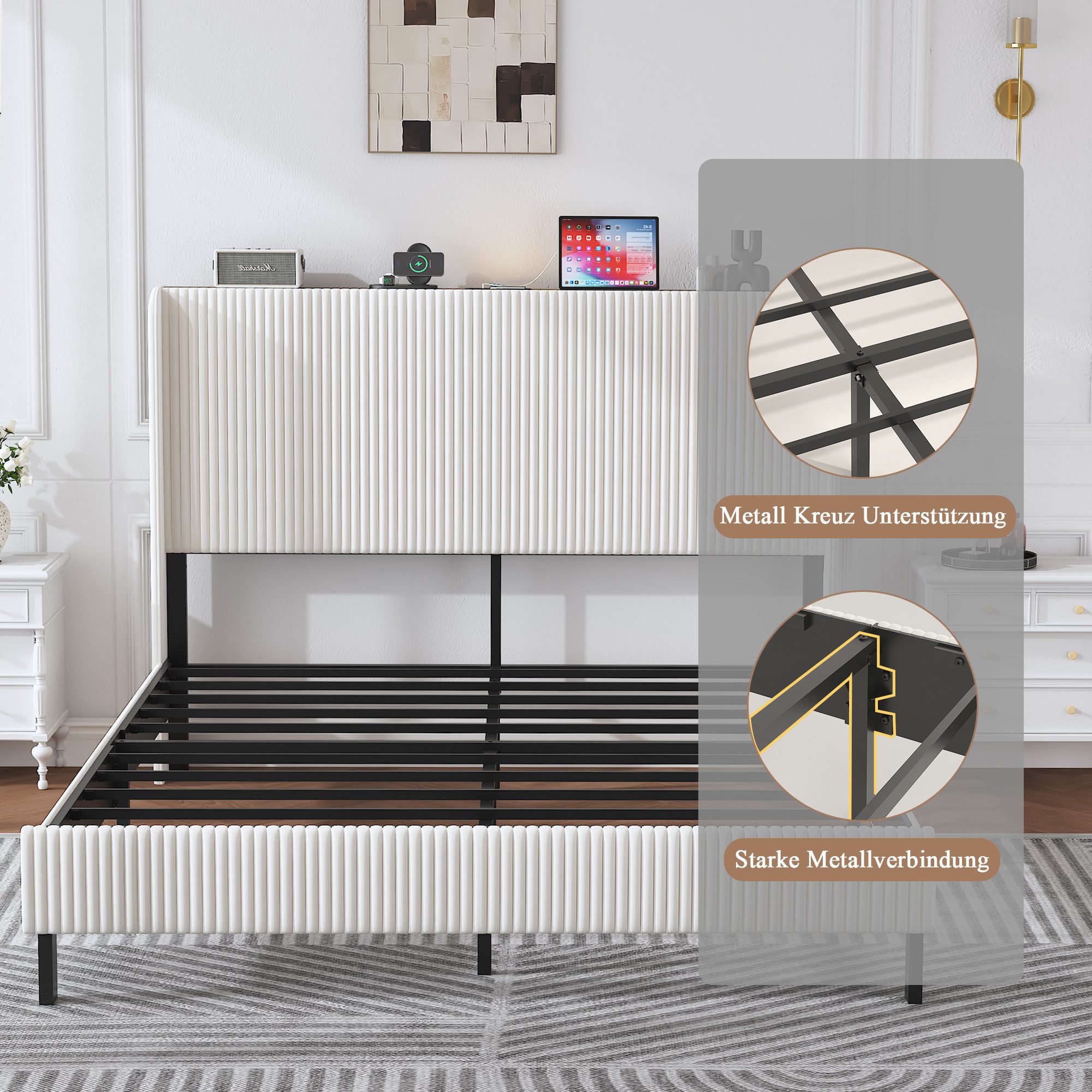Odikalo Polsterbett Doppelbett 180x200 mit Kopfteil (Bettrahmen 180x200 gepolstertes Plattformbett mit Stoffköpfchen, Flügelkantendesign/Nicht-Rutsch- und Rausc – Bild 3 von 5