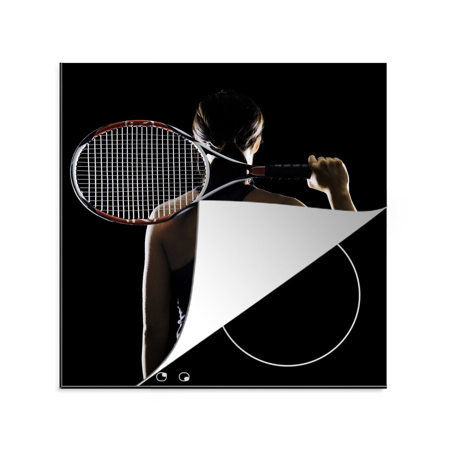 MuchoWow Herdblende-/Abdeckplatte Tennisspieler auf schwarzem Hintergrund, Vinyl, (1 tlg), 78x78 cm, Ceranfeldabdeckung, Arbeitsplatte für küche
