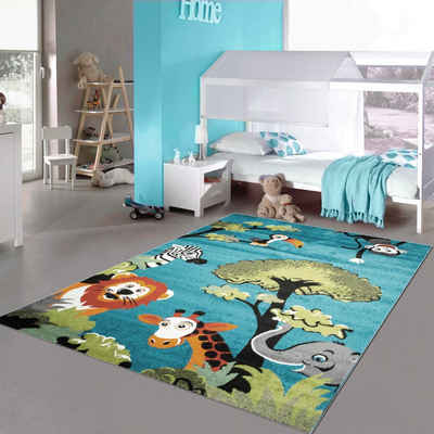 Kinderteppich Waldtier-Teppich in Blau für das Kinderzimmer, Teppich-Traum, rechteckig