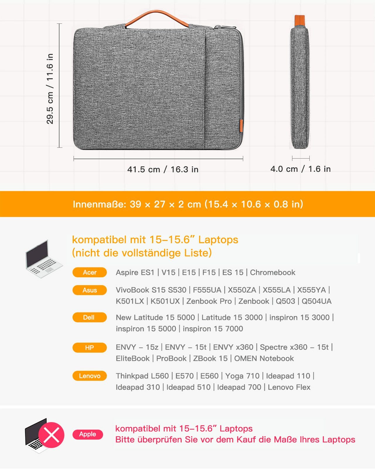 Inateck Laptop-Hülle 360° Rundumschutz 15-16 Zoll Laptoptasche, spritzfest