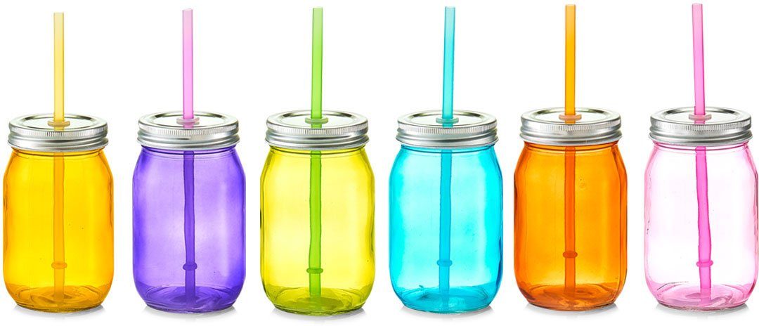 Gläser-Set Deckel Kunststoff, Zeller Glas, und Strohhalm, Present 6-teilig Metall, Mit Color,