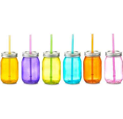 Zeller Present Gläser-Set Color, Glas, Kunststoff, Metall, Mit Deckel und Strohhalm, 6-teilig