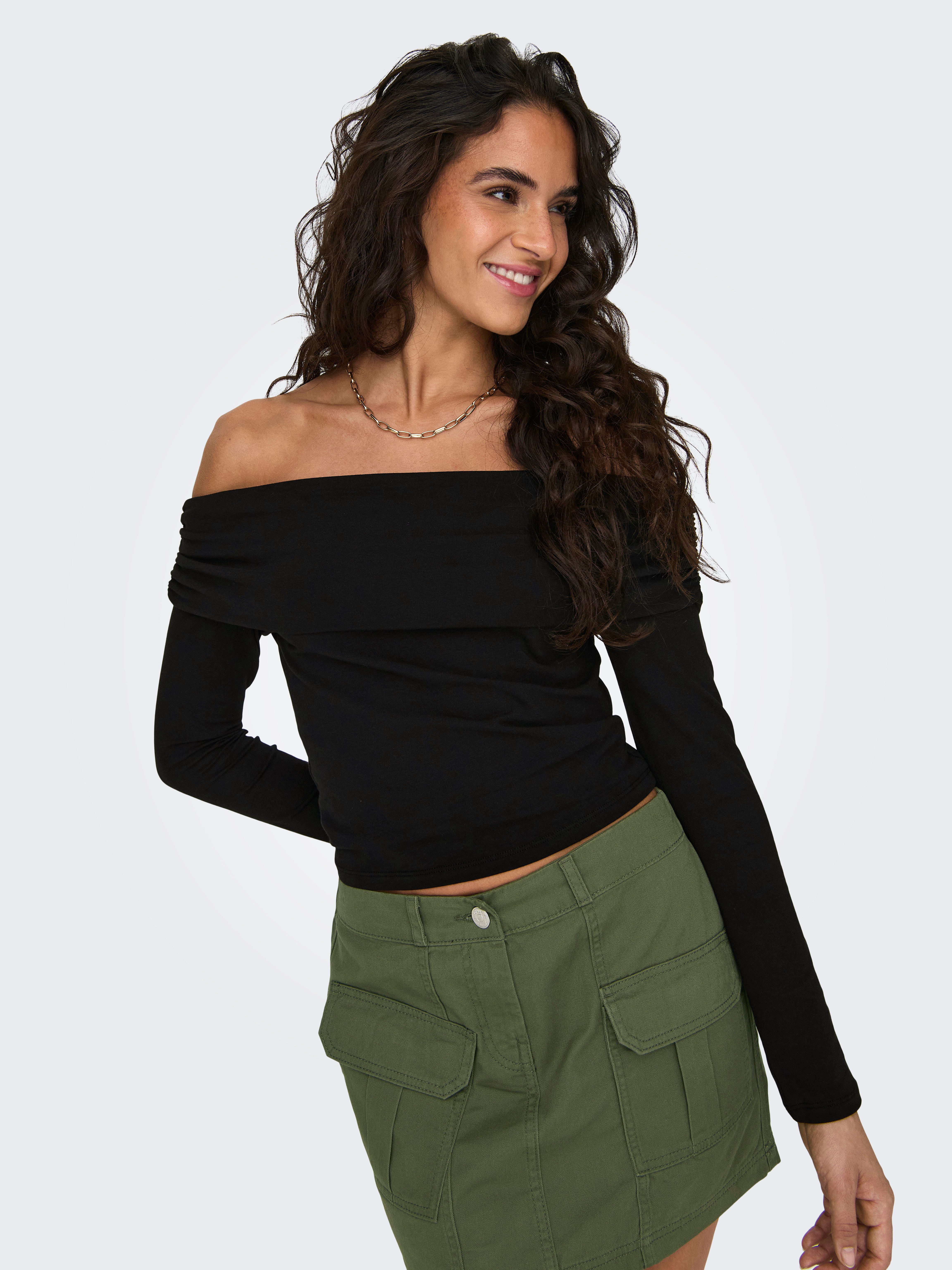 ONLY Langarmshirt ONLLIVE LOVE L/S OFF SHOULDER CS TOP Baumwollmischung, regular fit, cropped fit, schulterfrei