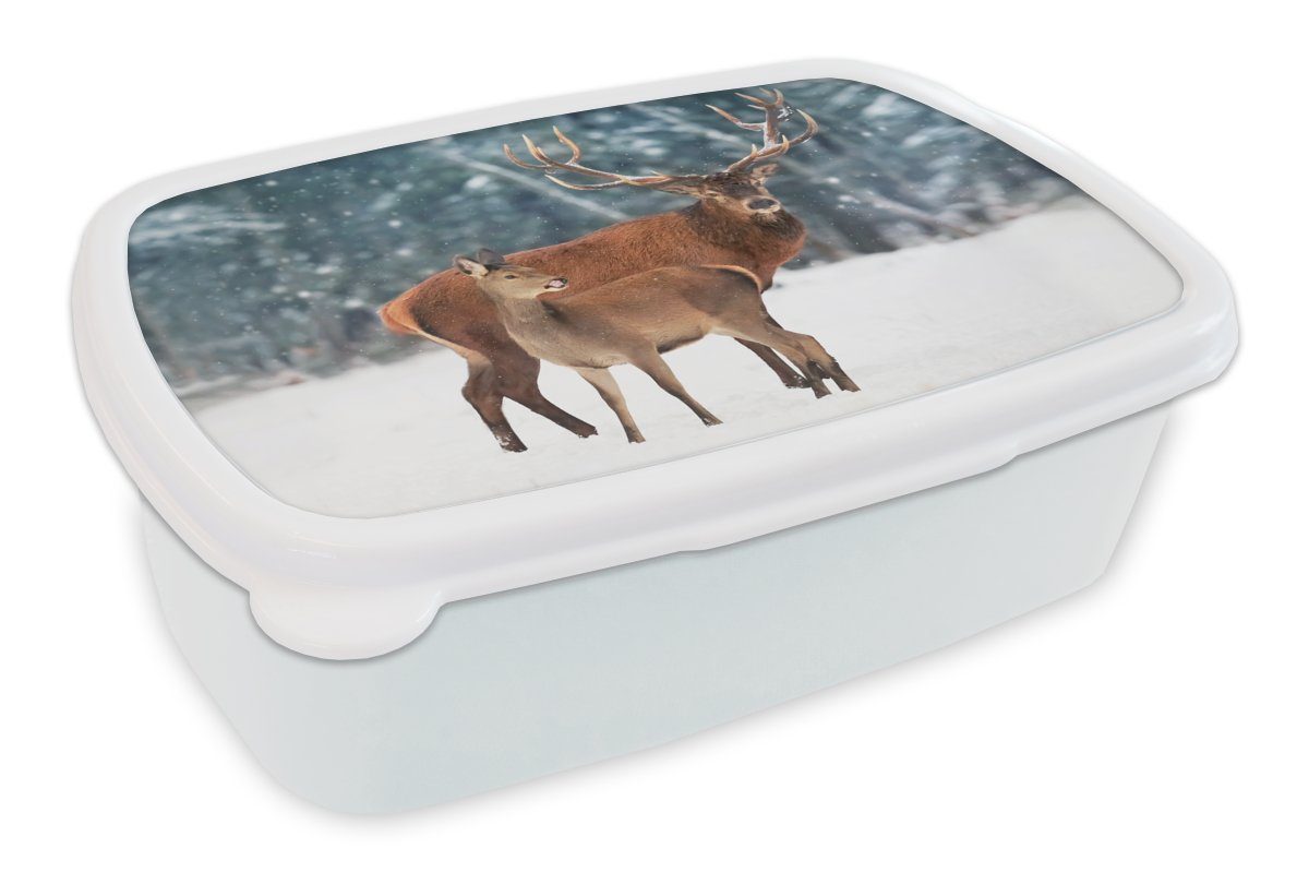 MuchoWow Lunchbox Hirsche - Wald - Schnee, Kunststoff, (2-tlg), Brotbox für Kinder und Erwachsene, Brotdose, für Jungs und Mädchen weiß