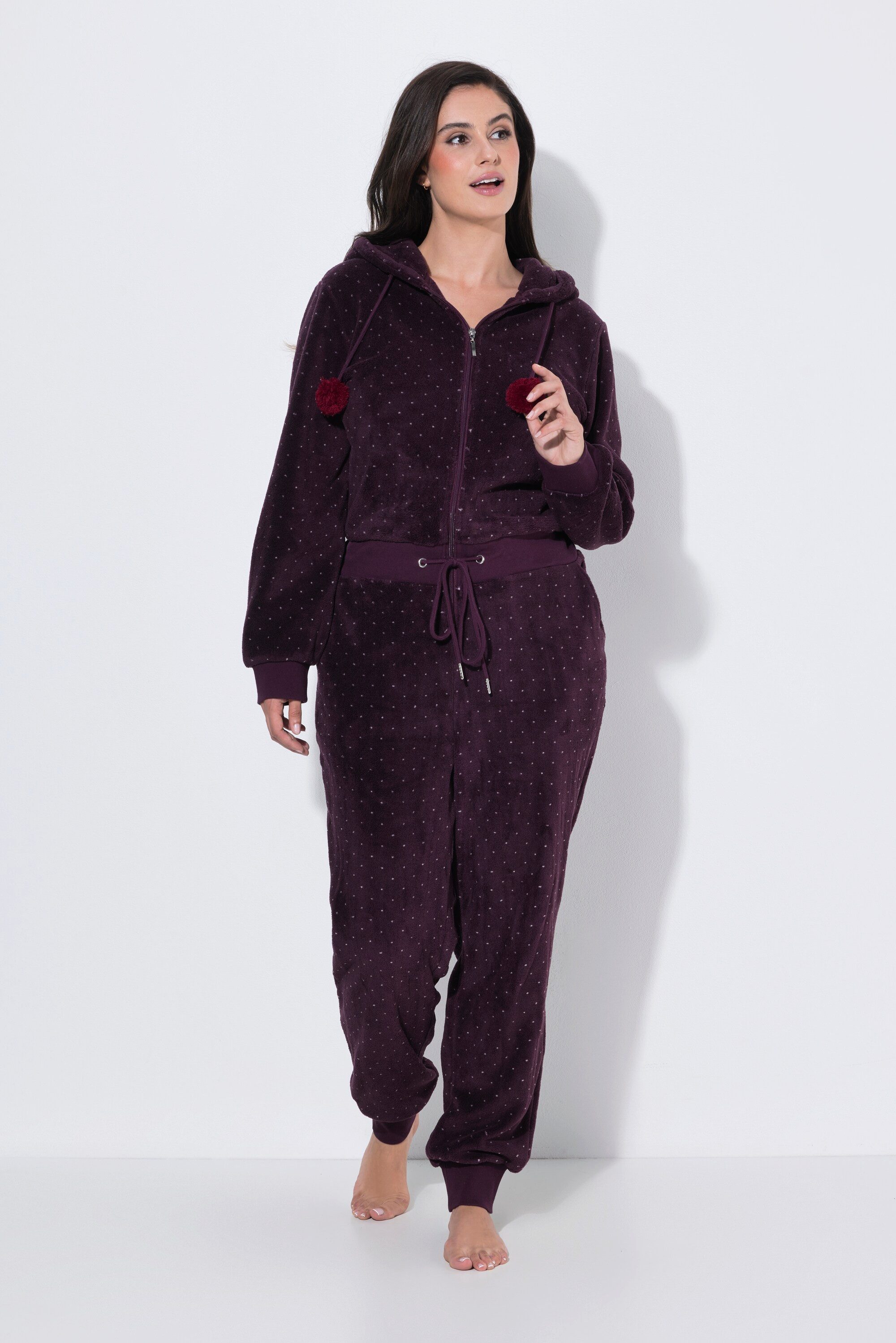 Ulla Popken Overall Homewear-Overall Plüsch Punkte Kapuze Langarm