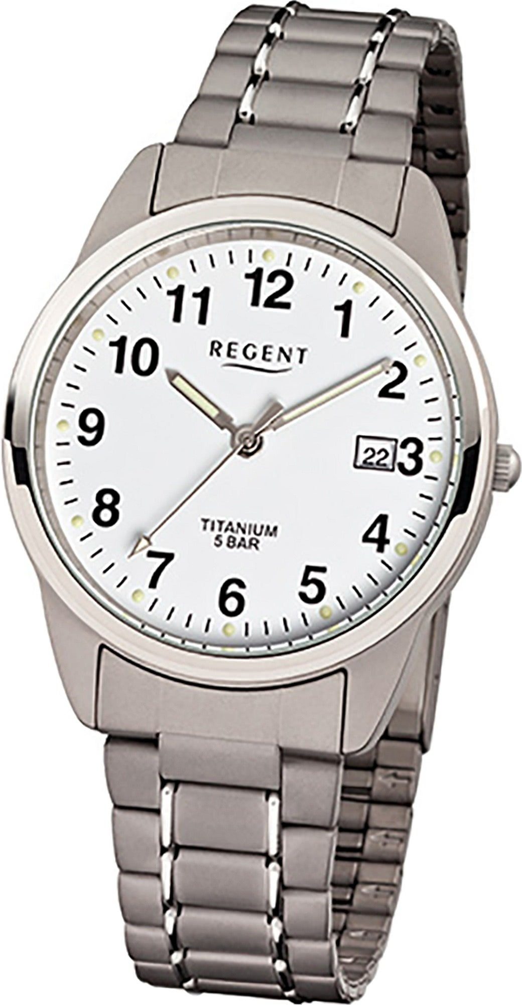 Regent Quarzuhr Regent Titan (Metall) Herren Uhr F-432, Herrenuhr  Titanarmband grau, silber, rundes Gehäuse, mittel (ca. 36mm)