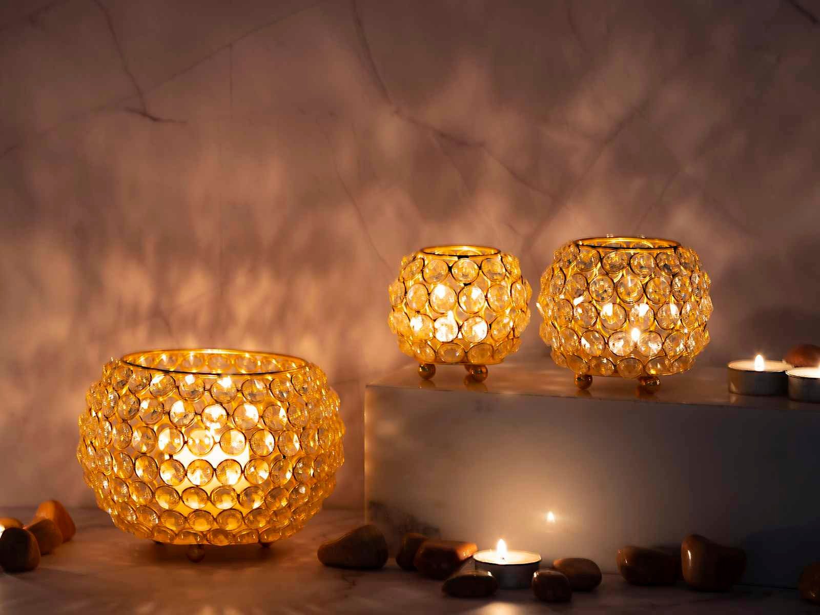 Casamia Windlicht Teelichthalter Kerzenhalter Set Kerzenständer Crystal 3-teilig gold