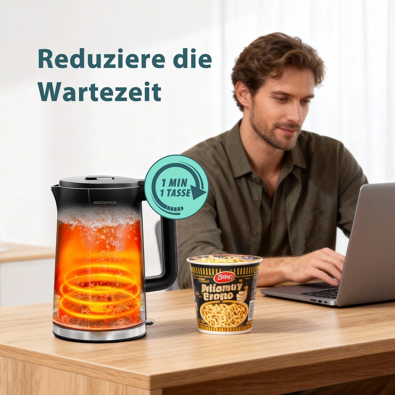 Aigostar Wasserkocher Edelstahl Doppelwand Design Elektrischer Wasserkocher BPA frei Schwarz, 1.7 l, 2200,00 W, Edelstahl, Doppelwand Design, Schnelles Erhitzen