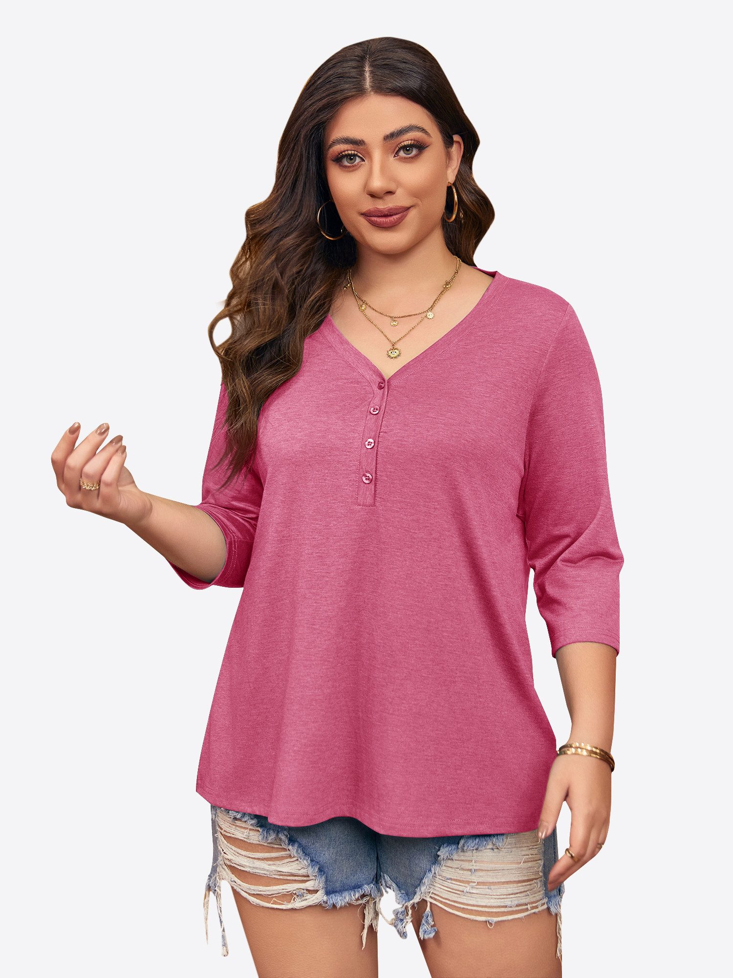 Imily Bela Oversize-Shirt Damen 3/4-Ärmel Henley-Shirt V-Ausschnitt Loose Basic Tunika (Packung, 1-tlg., 1per-Pack) in Unifarbe