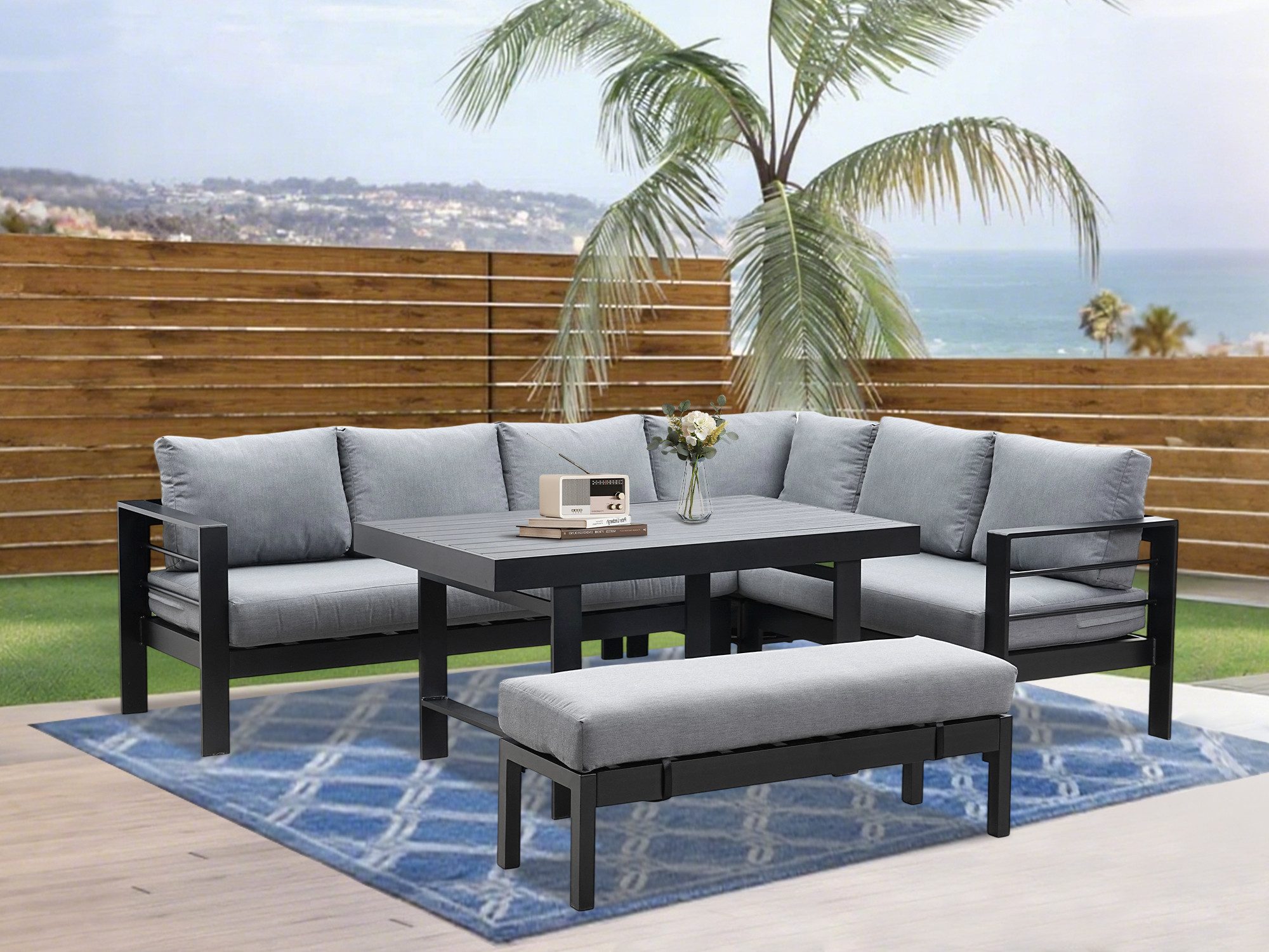 MeXo Gartenlounge-Set Lounge Gartenmöbelset aus Aluminium, (Garten Essgruppe für 6-8 Personen, 5-tlg., 12/15 cm dicke Kissen, wetterfest), pflegeleichte Polywood-Tischplatte, flexibel kombinierbar