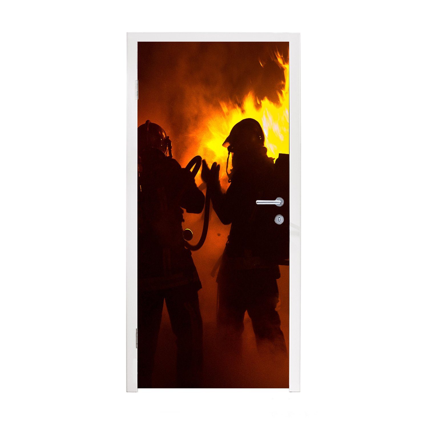 für Tür, von bedruckt, Türaufkleber, MuchoWow Türtapete Silhouetten (1 Feuerwehrleuten, Matt, St), Fototapete cm 75x205