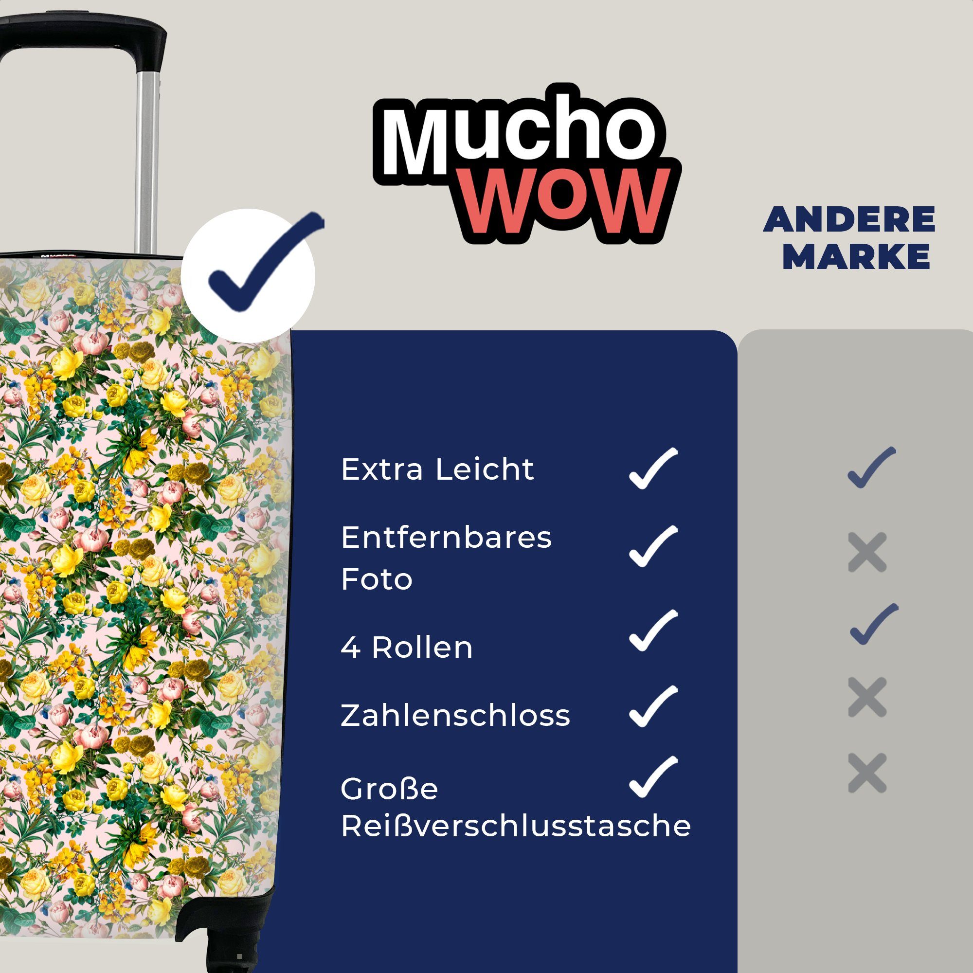 MuchoWow Handgepäckkoffer Blumen - Rosen 4 Reisetasche Rollen, - Ferien, Trolley, rollen, Gelb, für Handgepäck Reisekoffer mit