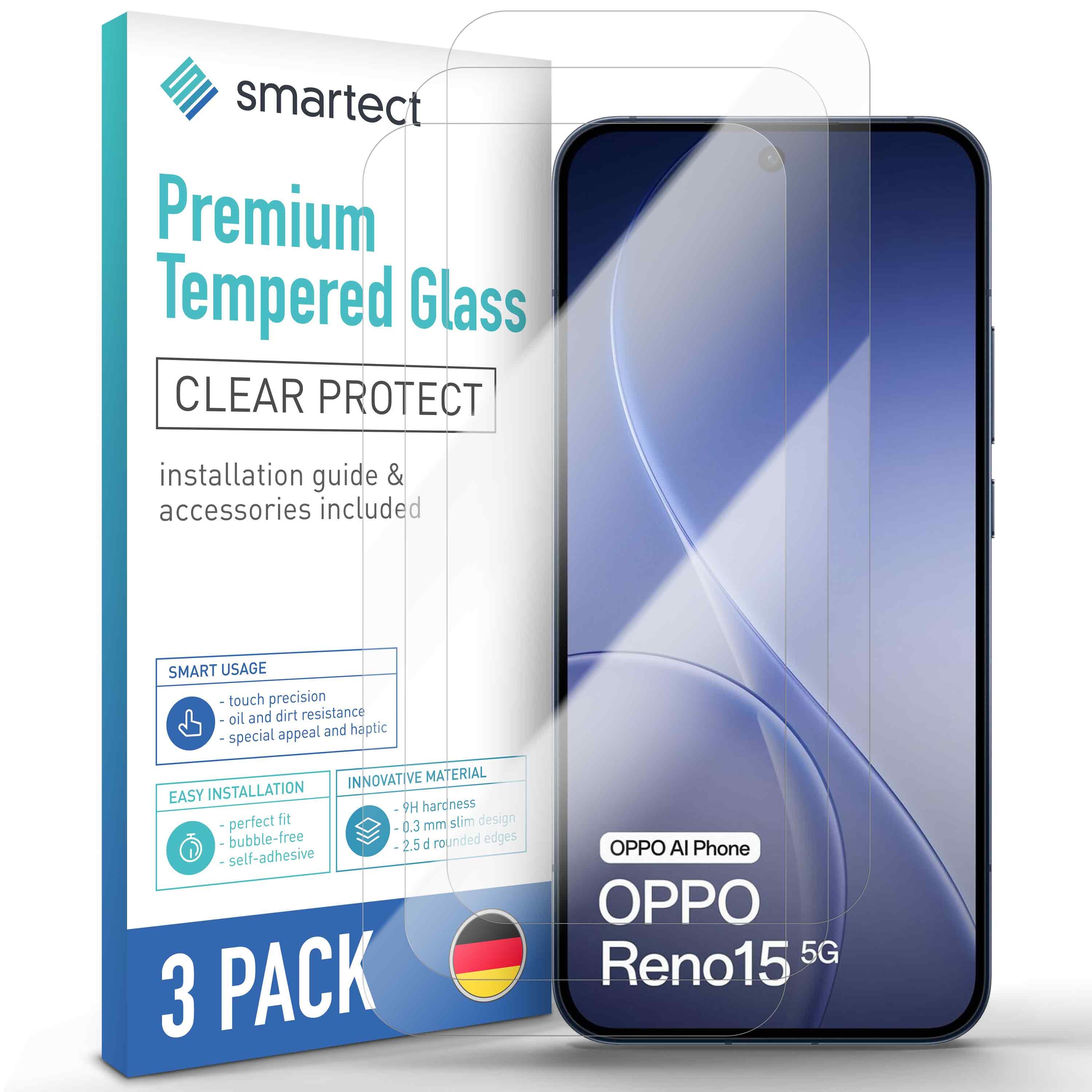 smartect Displayschutzglas 3X Schutzglas Panzerfolie Klar für Oppo Reno 15 5G /14 5G für Oppo Reno 15 5G /14 5G, Set, 3 Stück, 0.3 mm Ultra-klar, 9H Härte, Kratzfest, Stoßfest, Blasenfrei, Oleophob