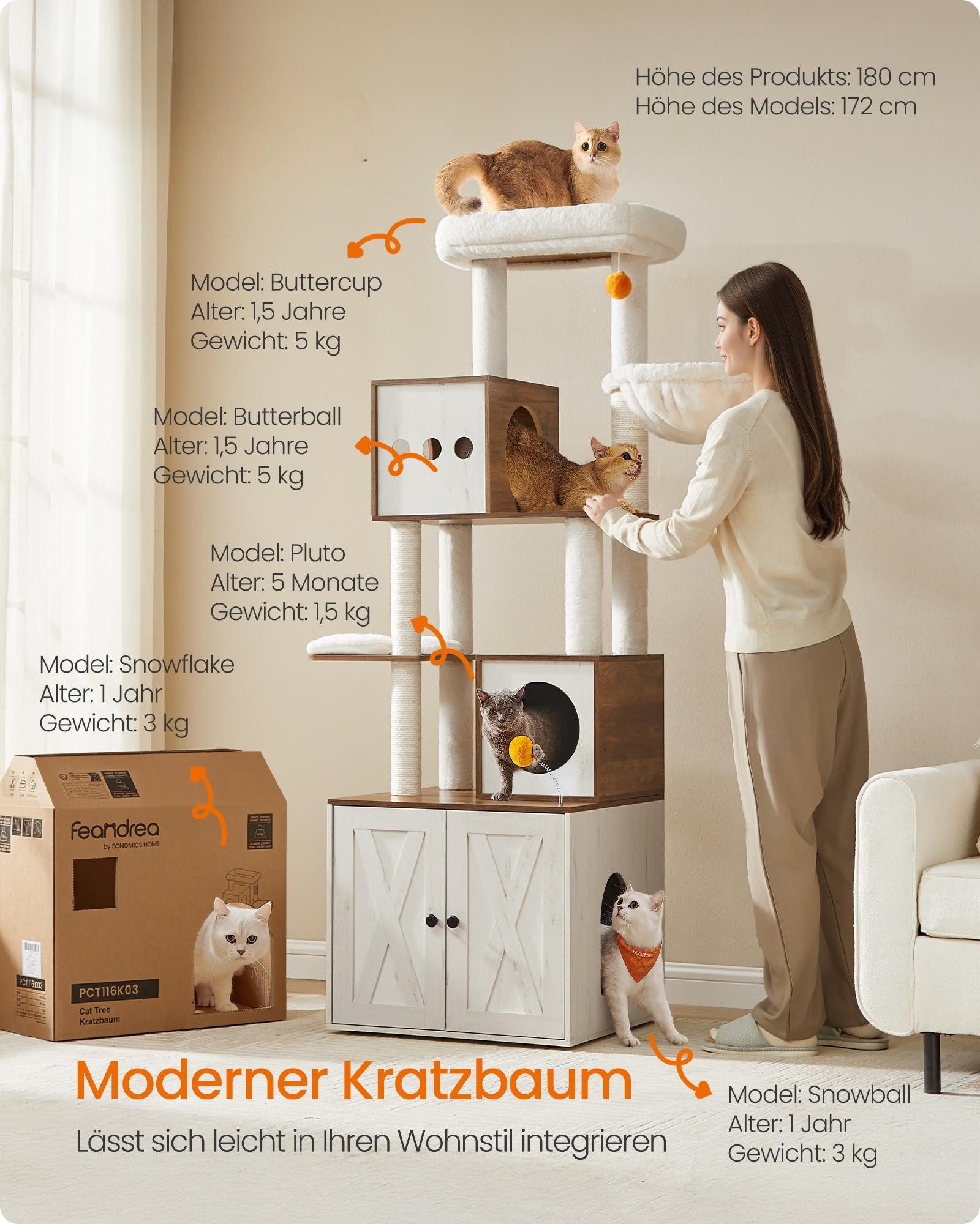 FEANDREA Kratzbaum, mit Katzenklo-Schrank 185cm Kratzsäule waschbares Kisse günstig online kaufen