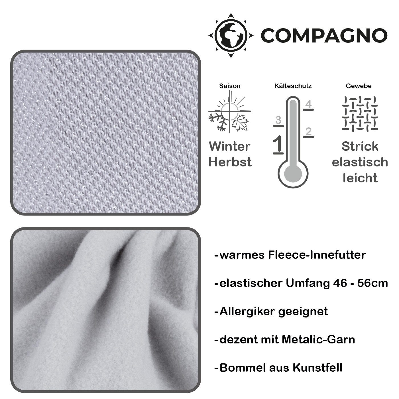 compagno Bommelmütze (1-St) Bommelmütze Wintermütze Damen Metallic-Garn Fleecefutter Beanie