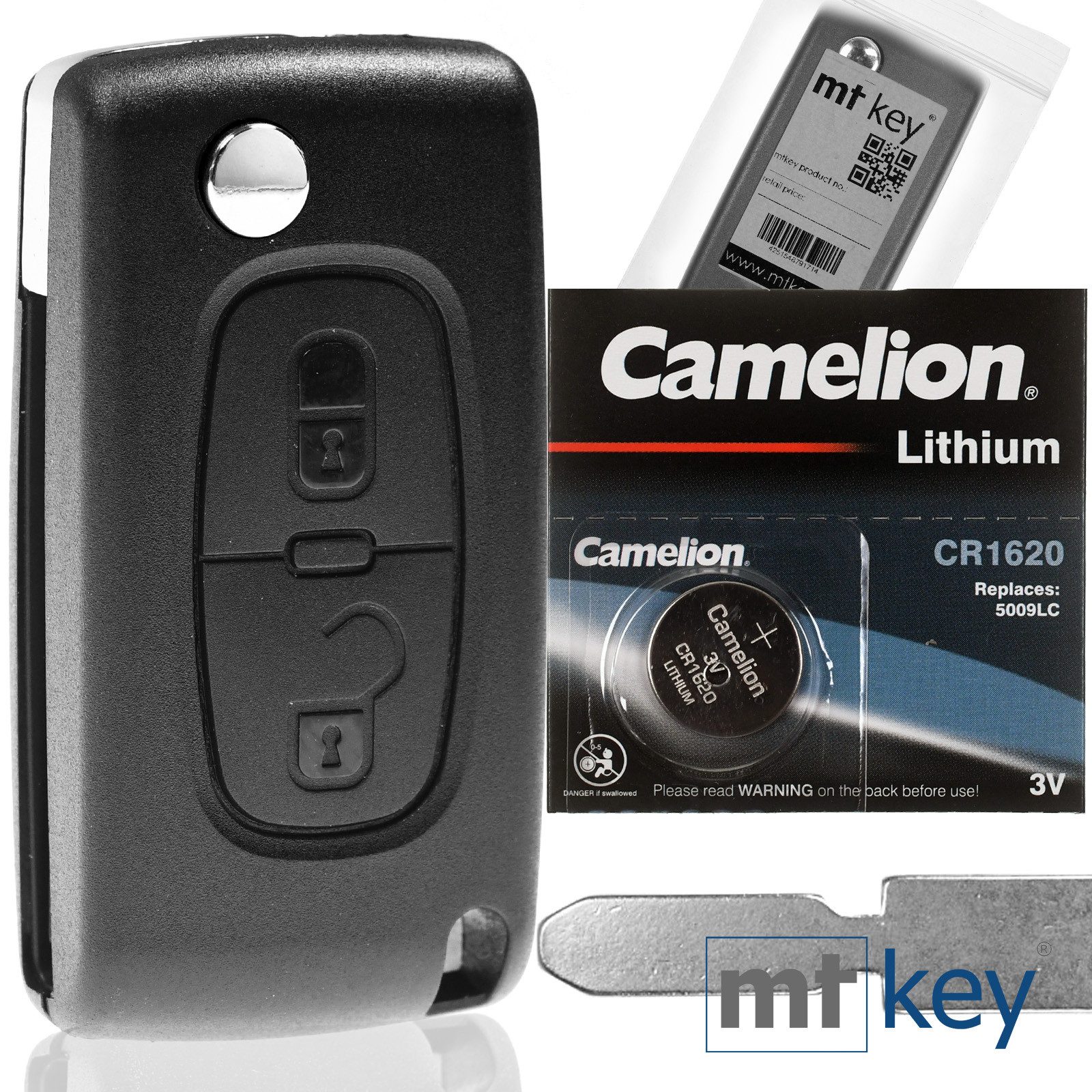 mt-key Klapp Schlüssel Reparatur Gehäuse 2 Tasten + NE78 Rohling + 1x CR1620 Knopfzelle, CR1620 (3 V), für Peugeot Citroen Partner 208 207 307 Funk Fernbedienung