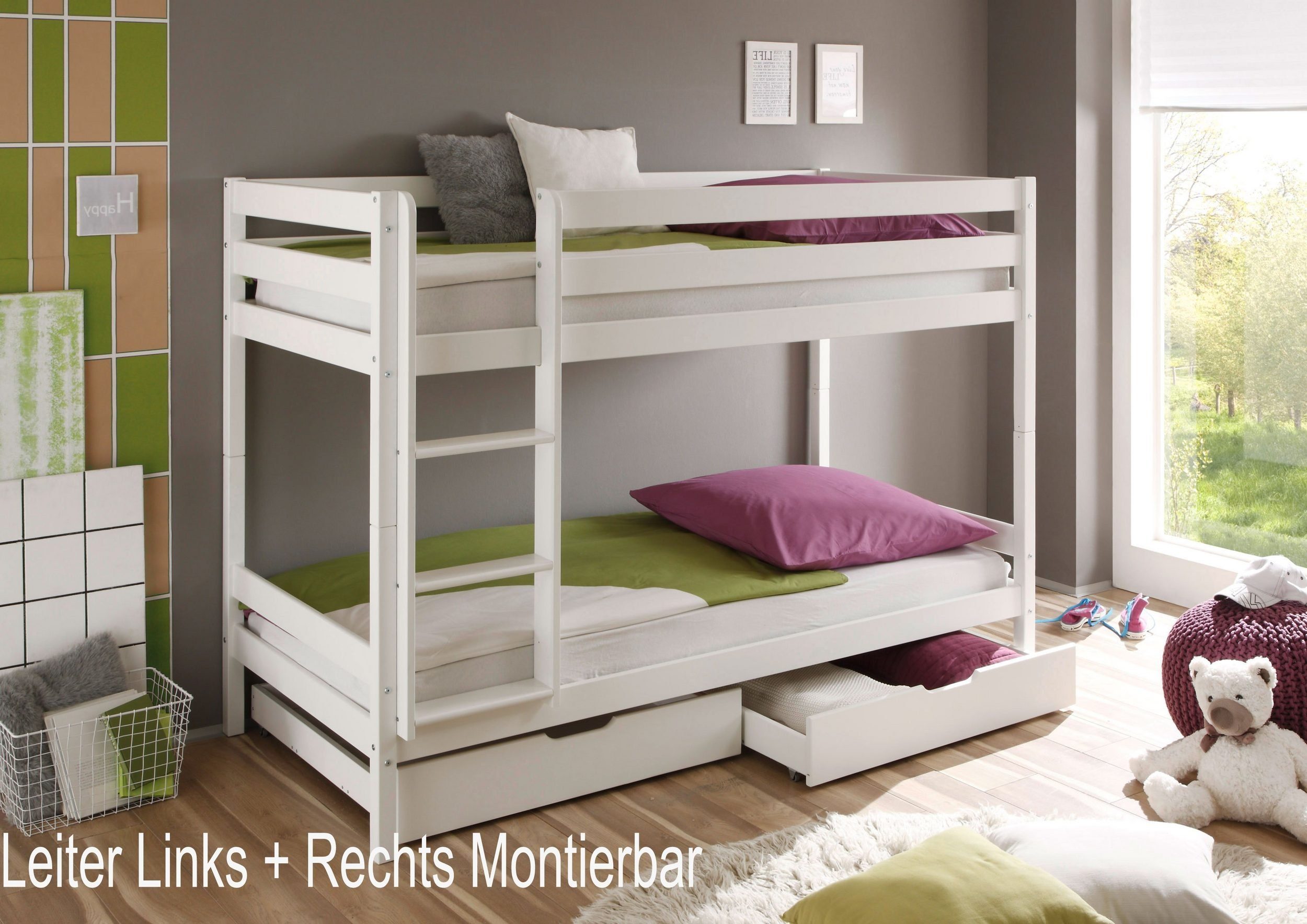 und Mit Lattenroste Holz Weiss Teilbar Kinderbett roll, lattenroste (Spar 5-St., Homeline Hochbett Etagenbett Massic Schublade), zweimal Etagenbett Angebot, Schublade set