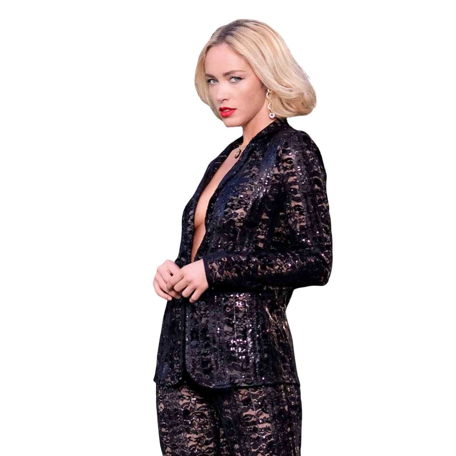 Patrice Catanzaro Jackenblazer Rylee Pailetten Blazer schwarz transparnet sexy semitransparent mit Pailetten