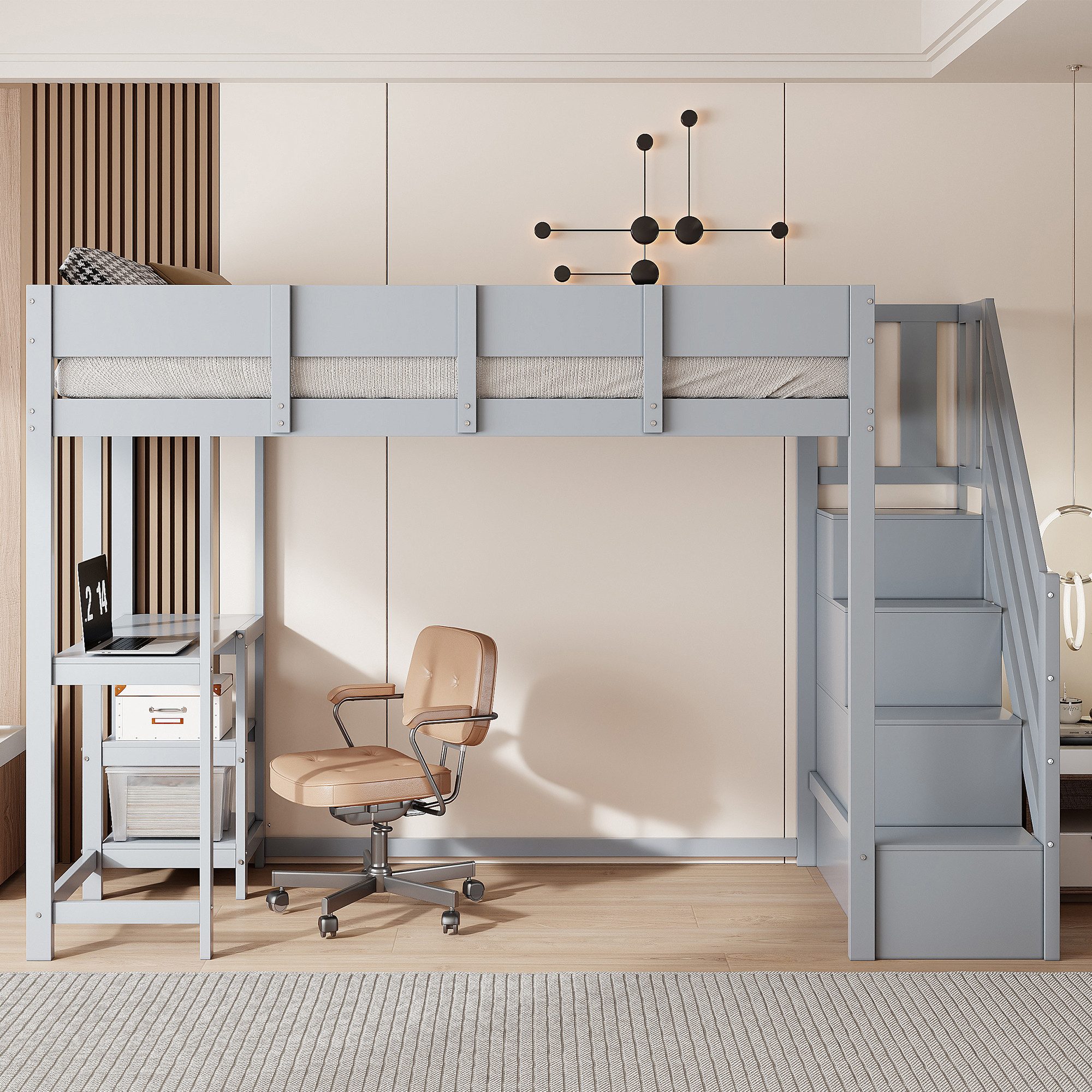 Flieks Hochbett Kinderbett 90x200cm mit Stauraumtreppe, Regale und Schreibtisch