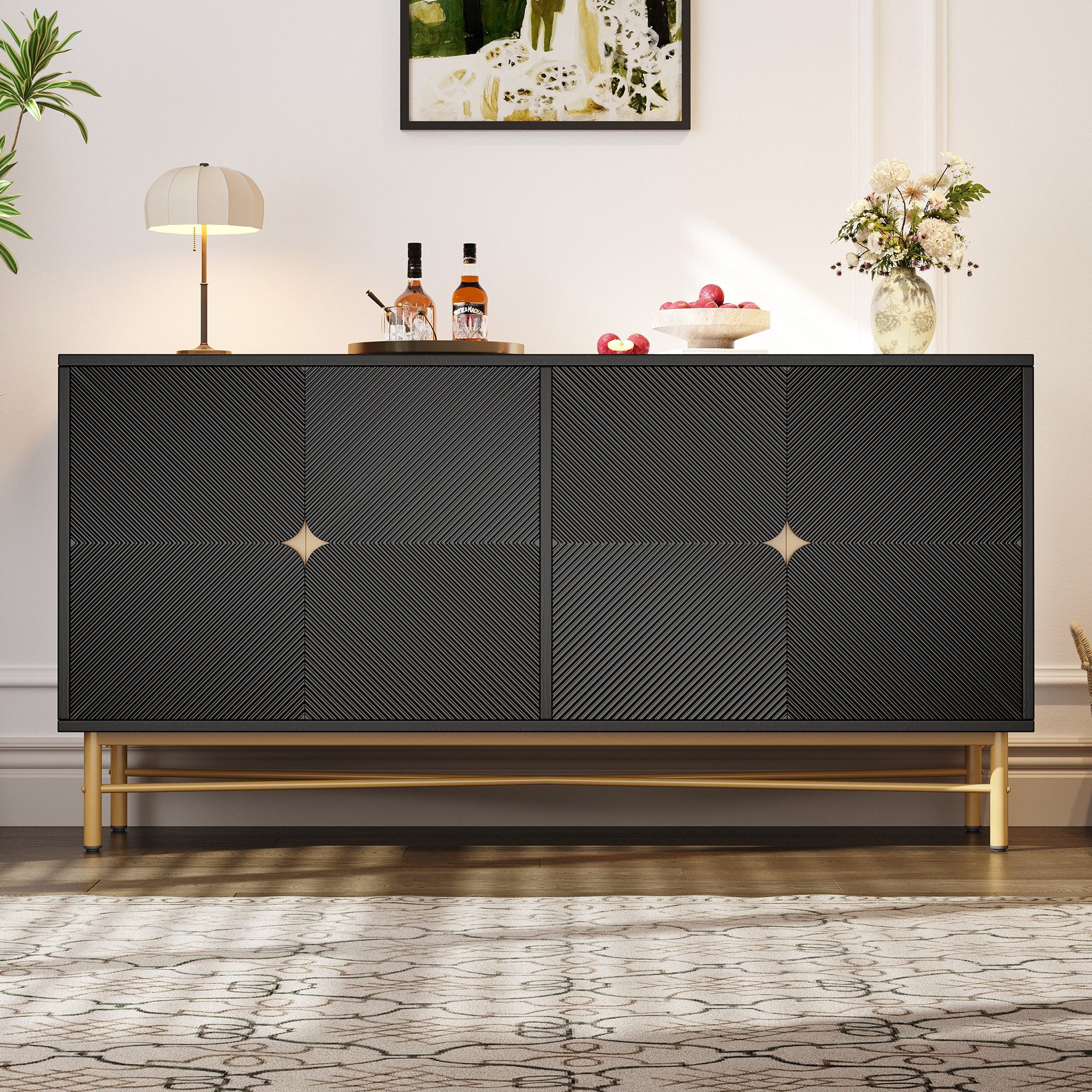 KLAM HOME Sideboard Sideboard mit Erhabener Textur 160cm, Schrank mit Vier Türen (Goldene Gebürstete Griffe und Hochglanz Tischbeine, 160×40×82cm), Passt in Wohnzimmer, Essbereich, Schlafzimmer