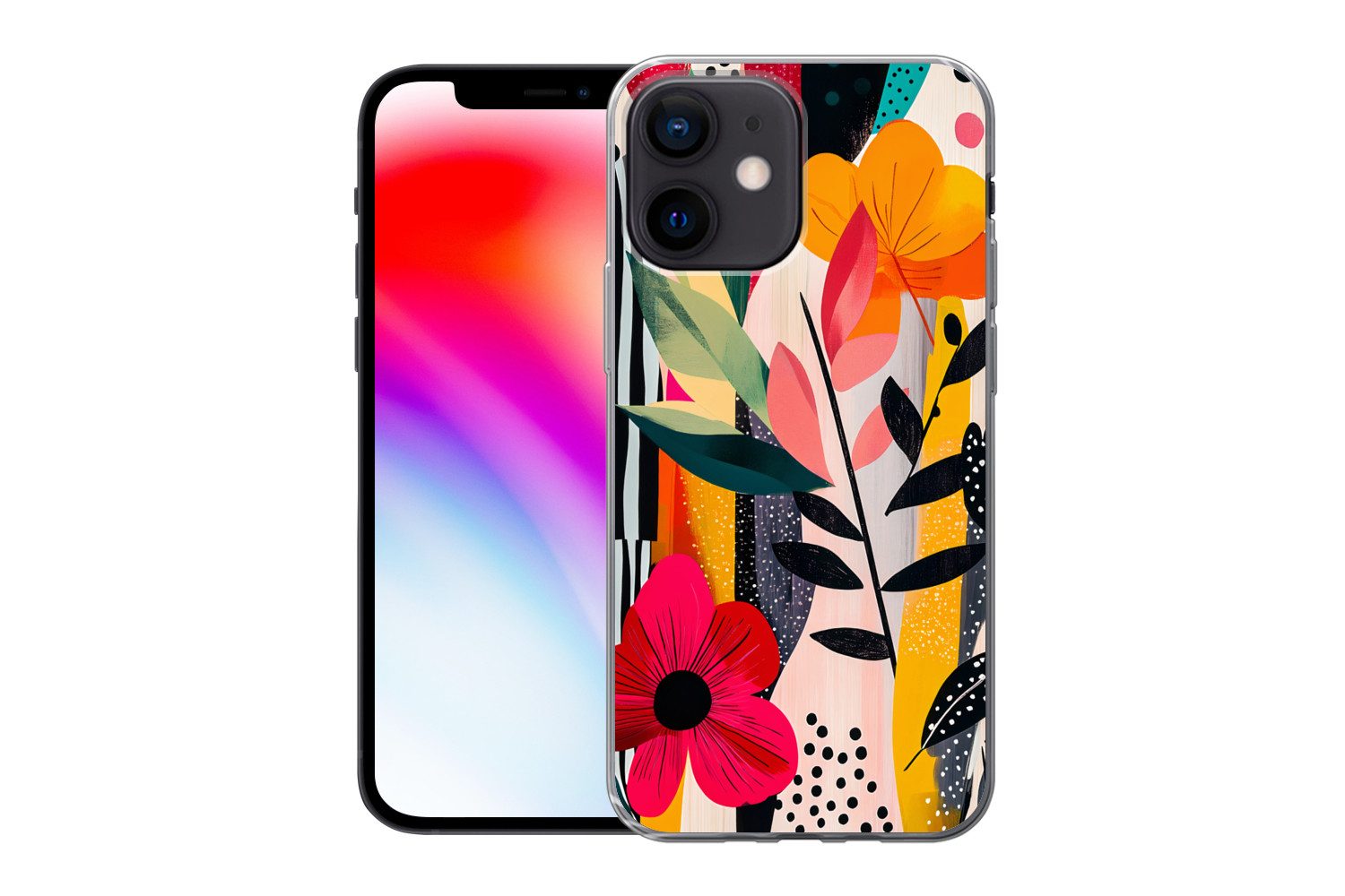 MuchoWow Handyhülle für Apple iPhone 12 Mini Blumen - Blätter - Abstrakt - Farbenfroh, Smartphone-Bumper, Print, Handy Schutzhülle Dünn