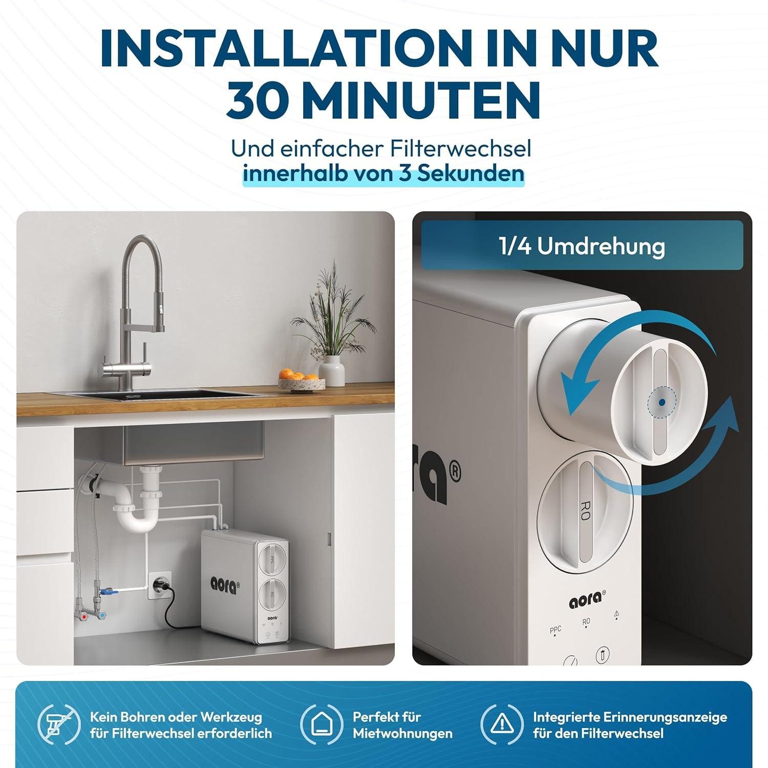 AORA Wasserhahn-Wasserfilter, Umkehrosmose 8-stufig, tanklos, inkl. SOFIA 1-Weg Schwarz
