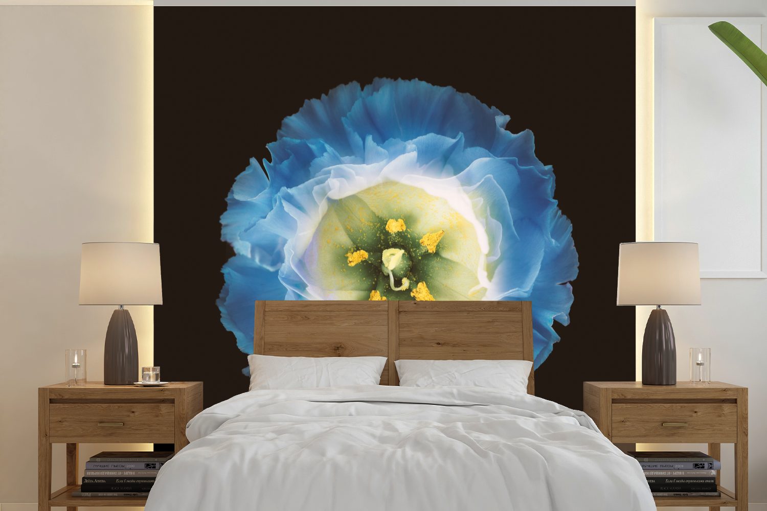 MuchoWow Fototapete Eine Nahaufnahme einer blauen Blume auf schwarzem Hintergrund, Matt, bedruckt, (5 St), Vinyl Tapete für Wohnzimmer oder Schlafzimmer, Wandtapete