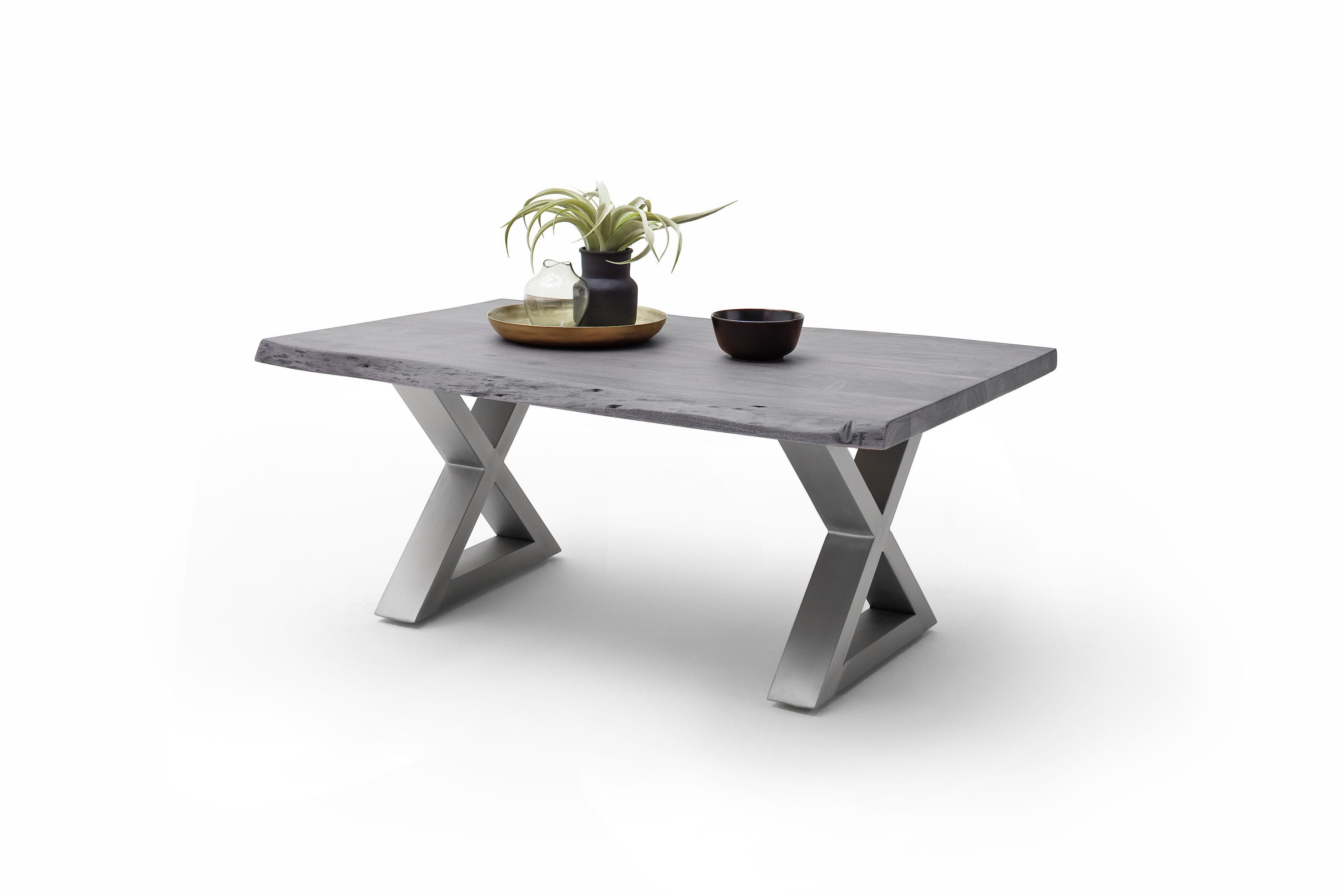 Robas Lund Couchtisch, Akazie Grau m. X-Gestell Edelst.-Optik gebürstet 110x45x70 cm