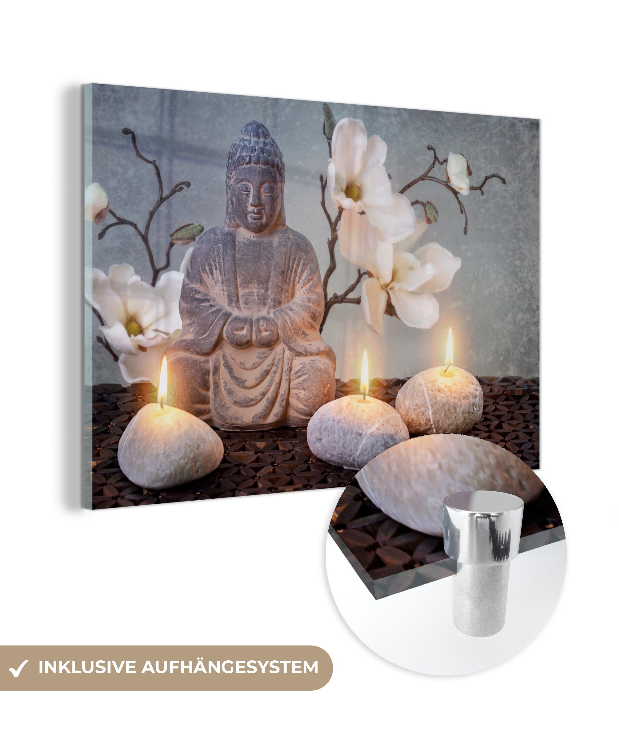 MuchoWow Acrylglasbild Buddha - Kerzen - Grau, (1 St), Acrylglasbilder Wohnzimmer & Schlafzimmer