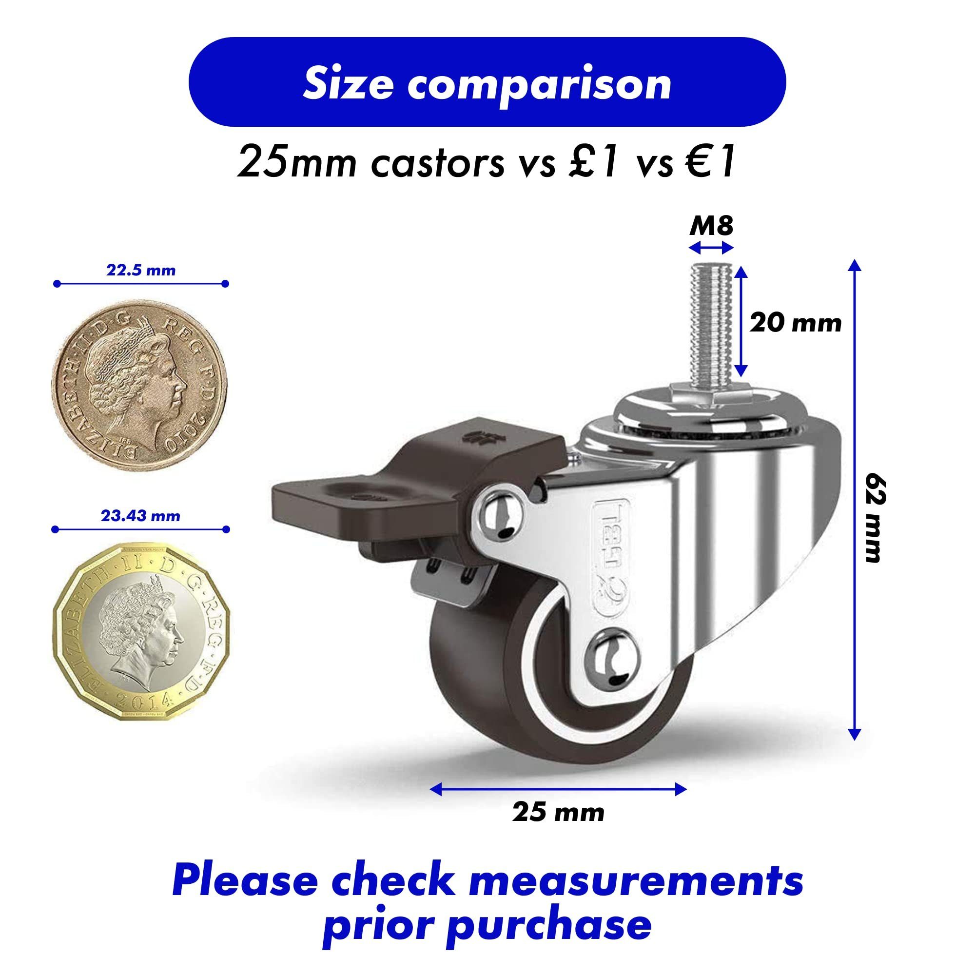 GBL Caster Wheels Möbelrolle - 25mm 4er-Pack 4 Bremsen mit Lenkrollen 40kg - 