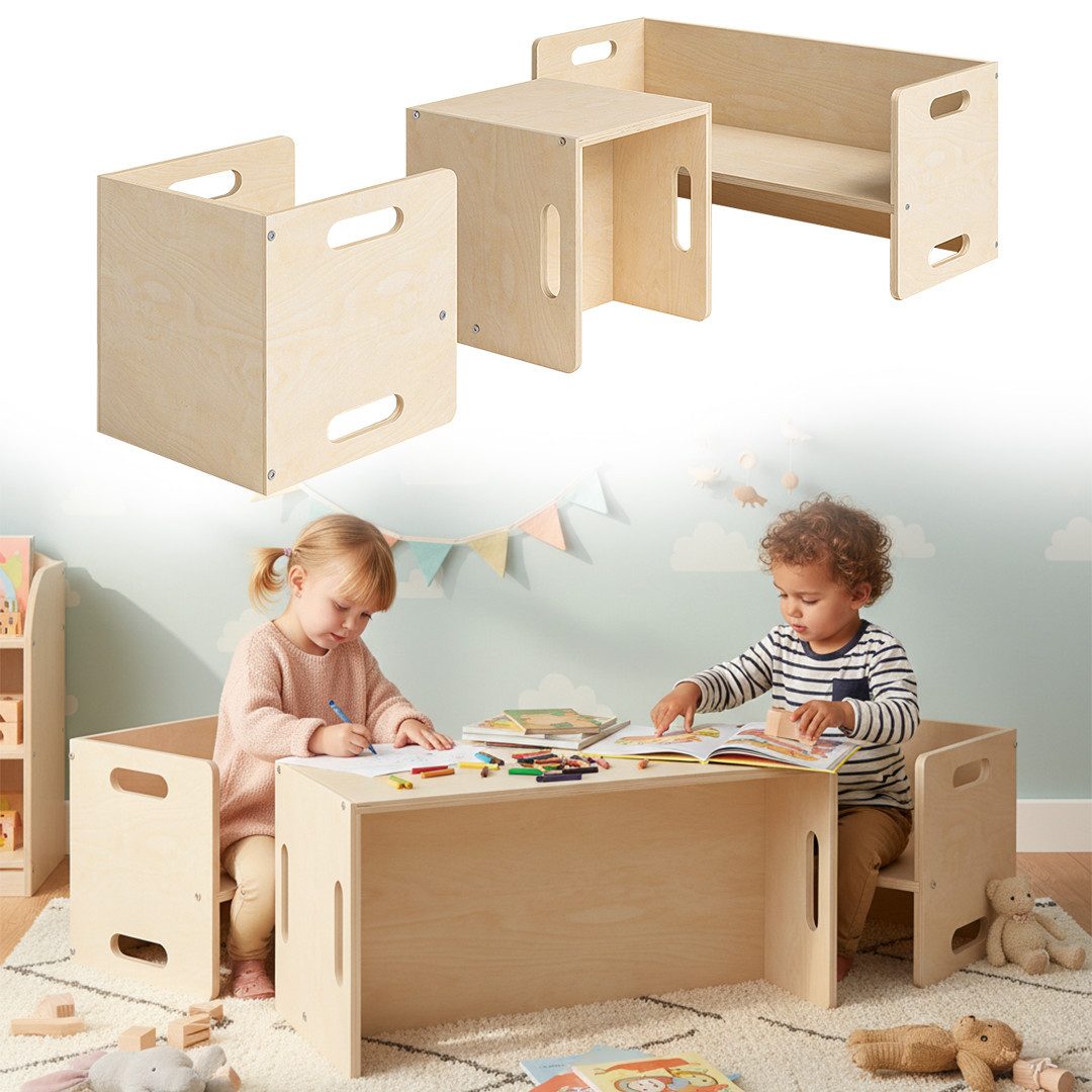 Bellabino Kindersitzgruppe Aki, 3 verschiedene Sitzhöhen, (2x Stuhl, 1x Bank), natur unbehandelt, 2in1 als Sitz oder Tisch nutzbar