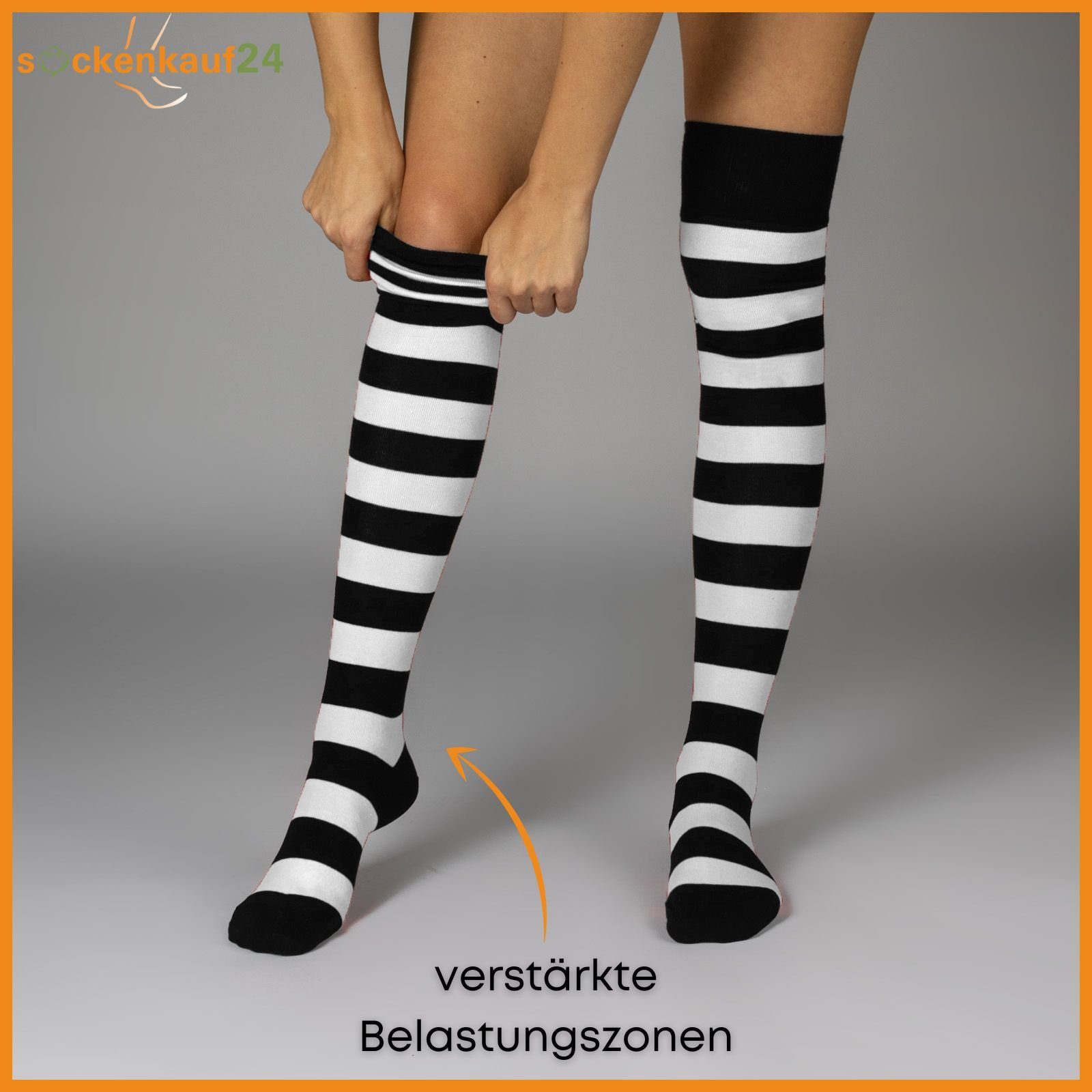 sockenkauf24 Overknees 2 Paar Overknee Strümpfe Damen Kniestrümpfe (Ringel Schwarz/Weiß, 39-42) Schwarz Bunt Ringel Baumwolle - 10723 WP – Bild 4 von 5