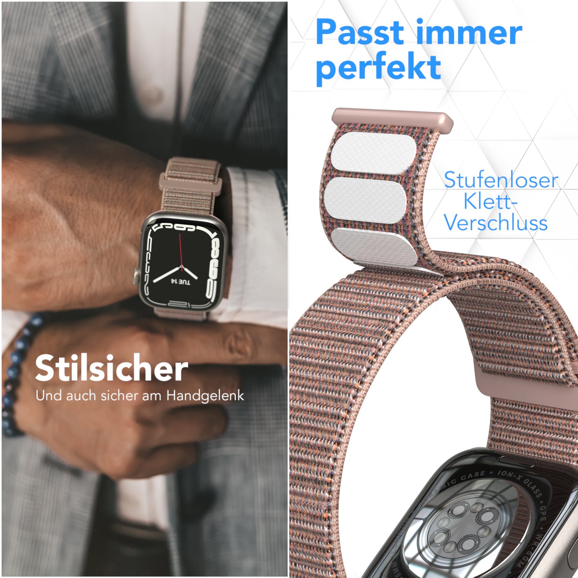 EAZY CASE Uhrenarmband Nylon Band für iWatch 11 10 9 8 7 6 5 4 3 2 SE Ultra, Klettverschluss Wechselband Stoff Apple Watch 38mm-42mm Sportband Rosé
