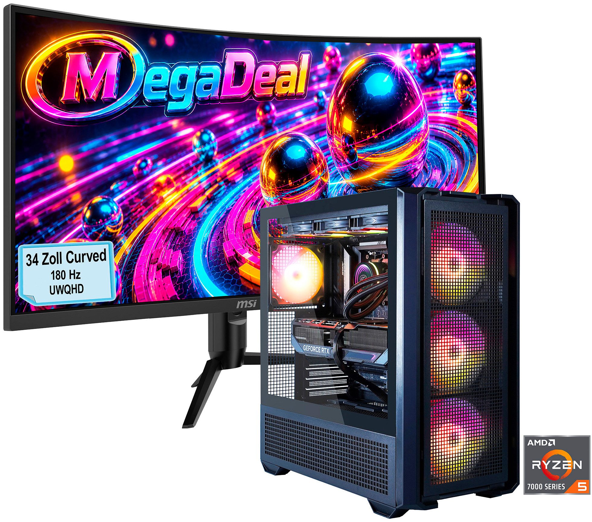 Cougar MegaDeal MX600 BK 2844 AMD Ryzen 5 7500F 32GB DDR5 1TB SSD RTX 5060Ti Gaming-PC-Komplettsystem (34", AMD Ryzen 5 7500F, RTX 5060 Ti, 32 GB RAM, 1000 GB SSD, Windows 11, DDR5 RAM + MSI MAG 342CQR E2 Curved Monitor 86cm (34)