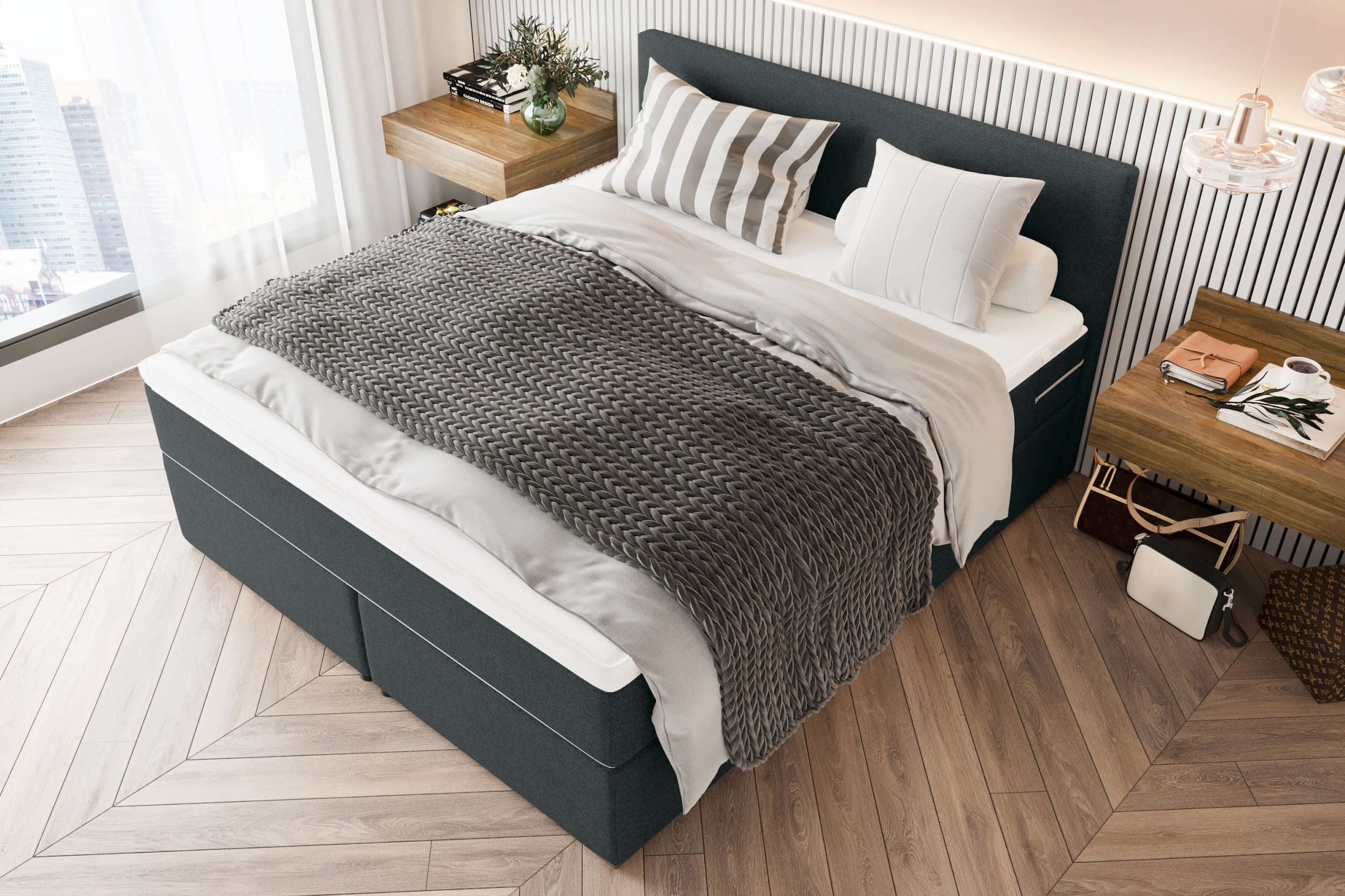 99rooms Boxspringbett Phönix (Schlafzimmerbett, Bett), mit Taschenfederkernmatratze und Topper, in Webstoff MALMO_NEW