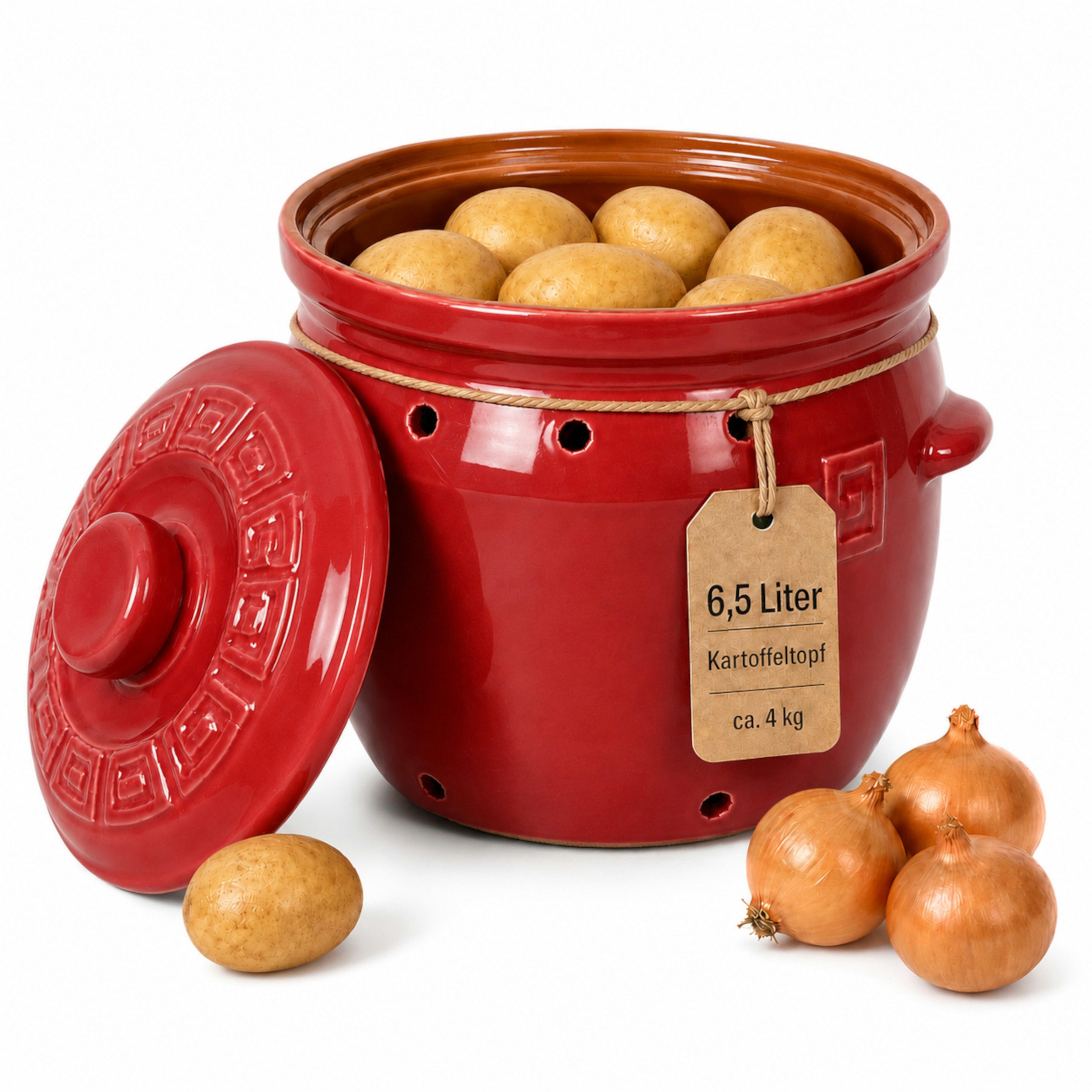 KERAZO Vorratsdose 6,5 Liter Kartoffeltopf & Zwiebeltopf mit Deckel aus Steingut, rot, Steingut, Unterstützt eine dunkle und gut belüftete Aufbewahrung von Kartoffeln