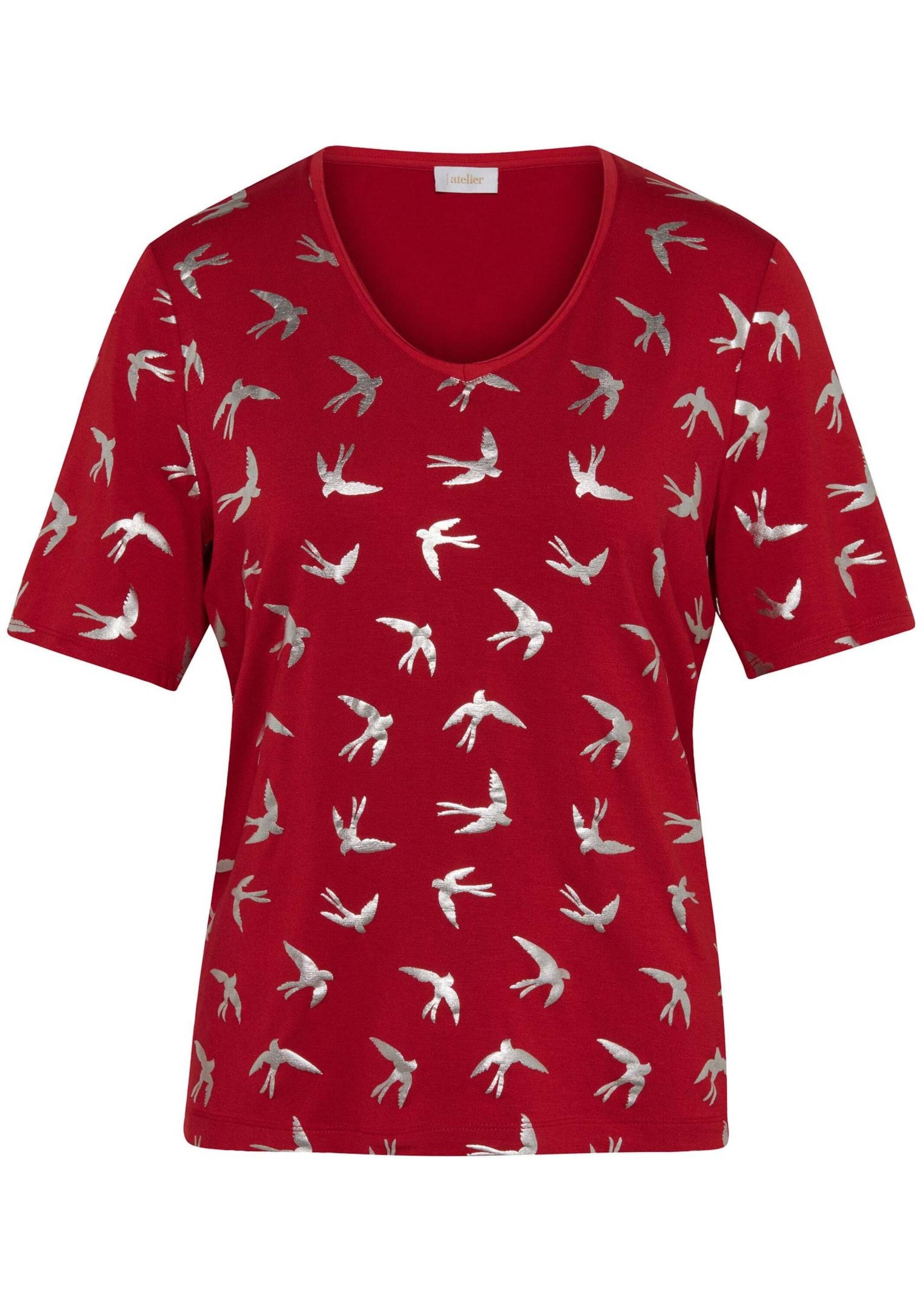 Topmodisches glänzendem Shirt silber mit GOLDNER Print-Shirt Druck / rot