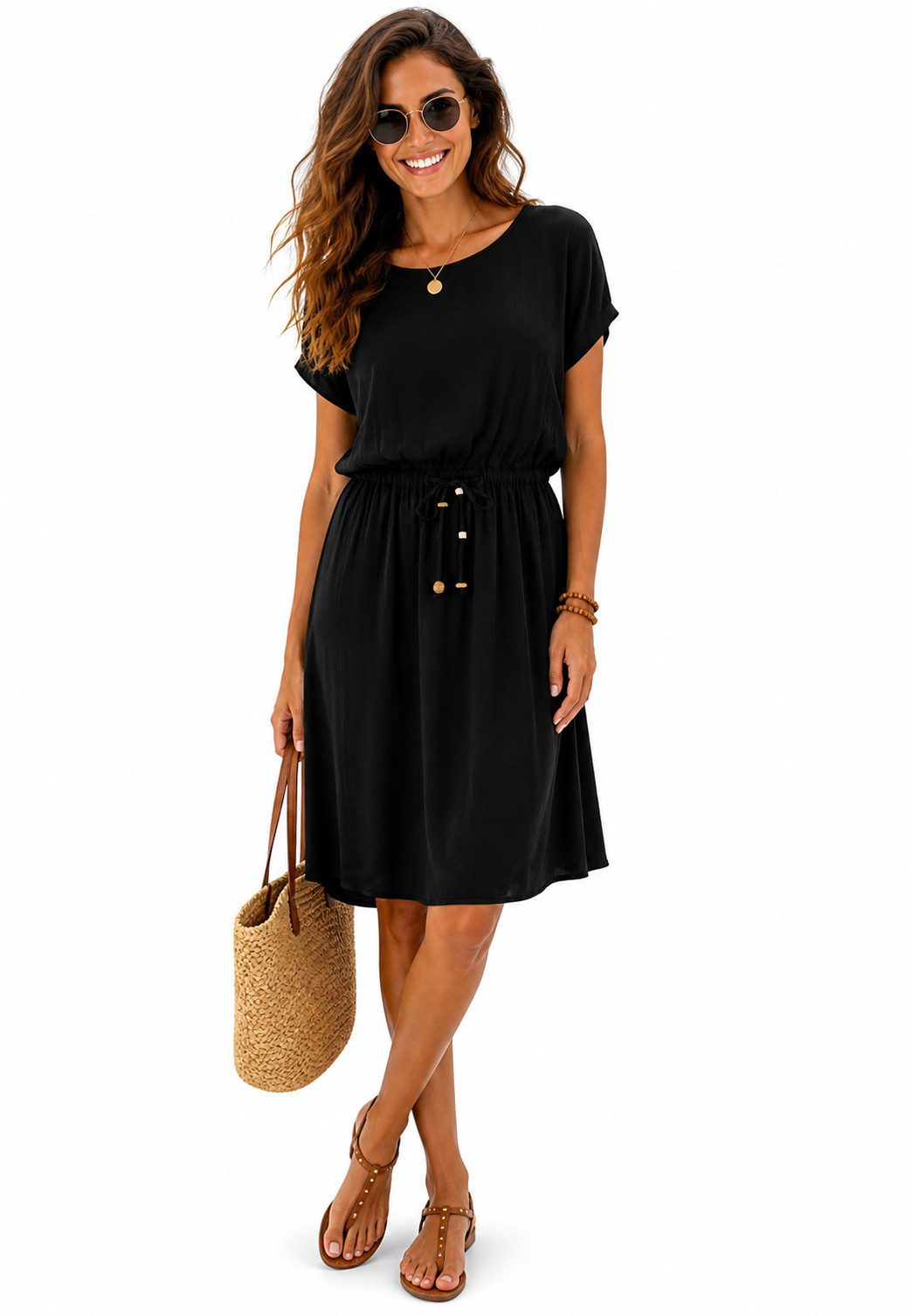 Eight2Nine Sommerkleid Damen Luftiges Sommerkleid aus Viskose mit Bindegürtel Sommerkleid