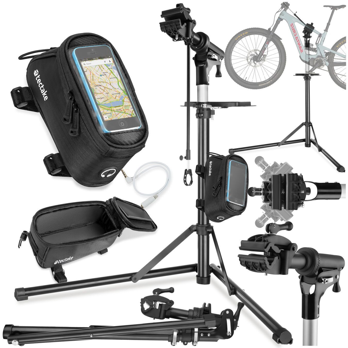 tectake Fahrrad-Montageständer Fahrrad-Set Reparaturständer & Rahmentasche, 360° drehbar (Komplettset, bis 50kg)