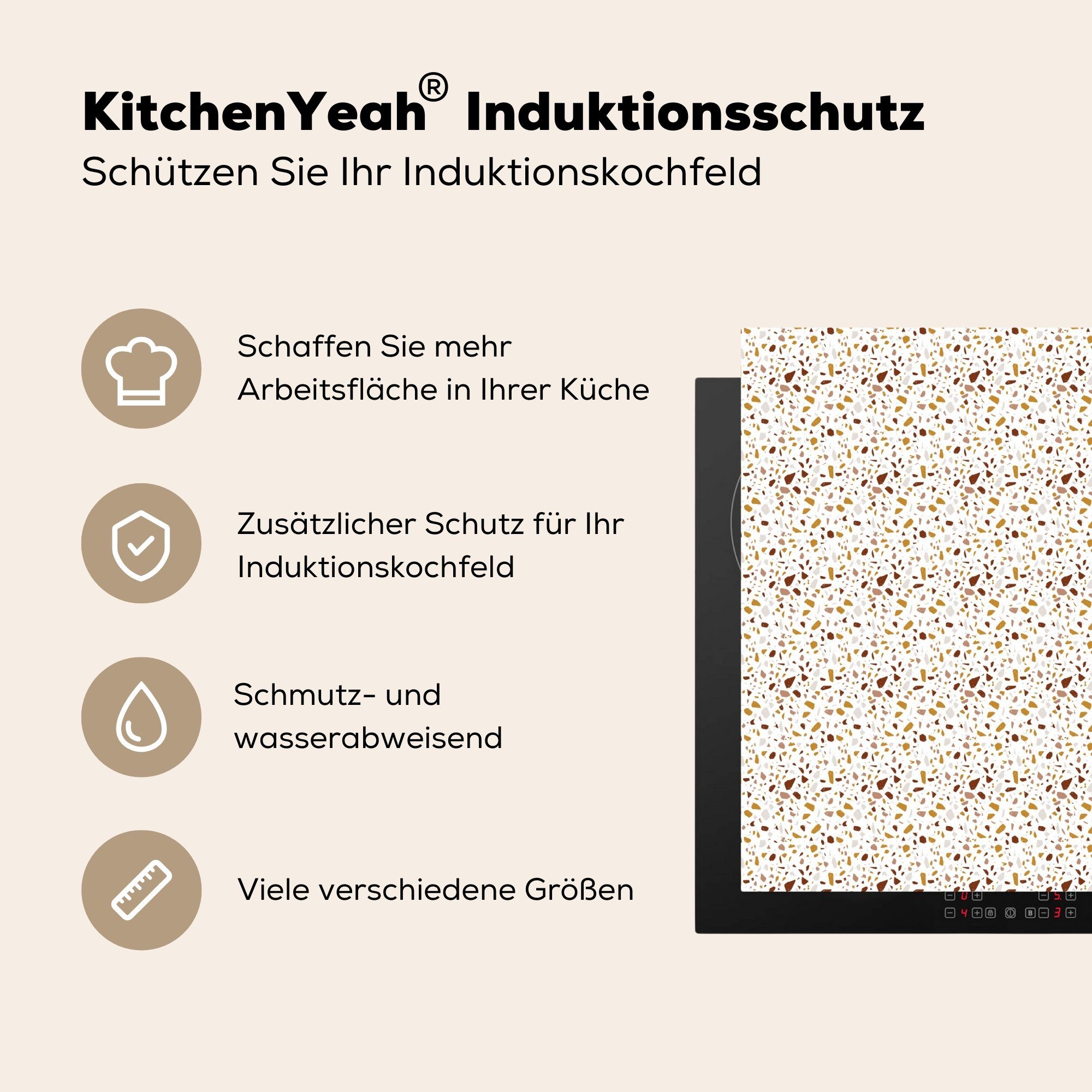 tlg), Küchen (1 Textur Vinyl, MuchoWow Muster, Terazzo Induktionskochfeld Herdblende-/Abdeckplatte - cm, Dekoration 58x51 für Induktionsherd, -