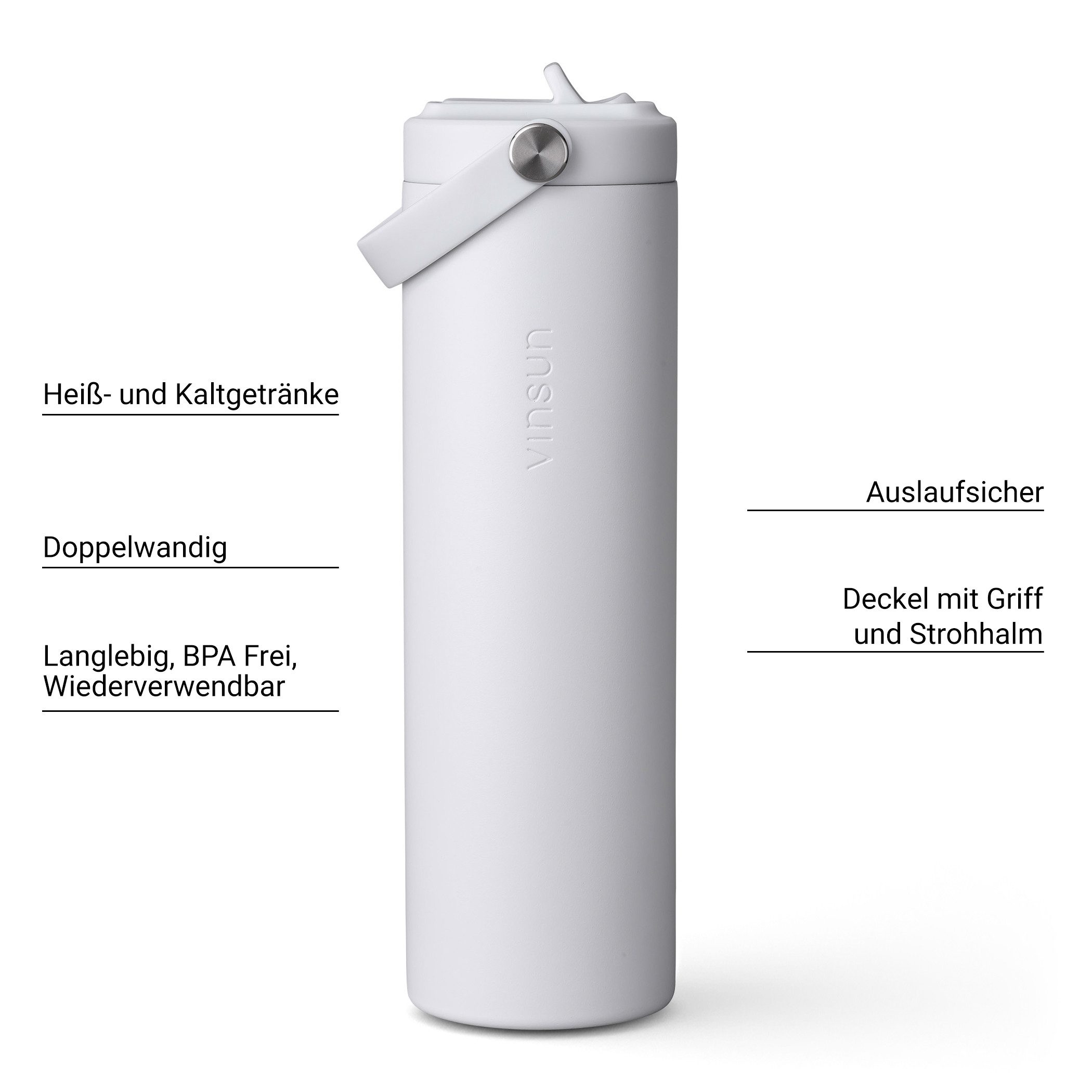 Vinsun Isolierflasche Thermoflasche 750ml mit Strohhalm - Sport Trinkflasche mit Tragegriff, Auslaufsicher, doppelwandig isoliert, geruchs- und geschmacksneutra – Bild 2 von 5