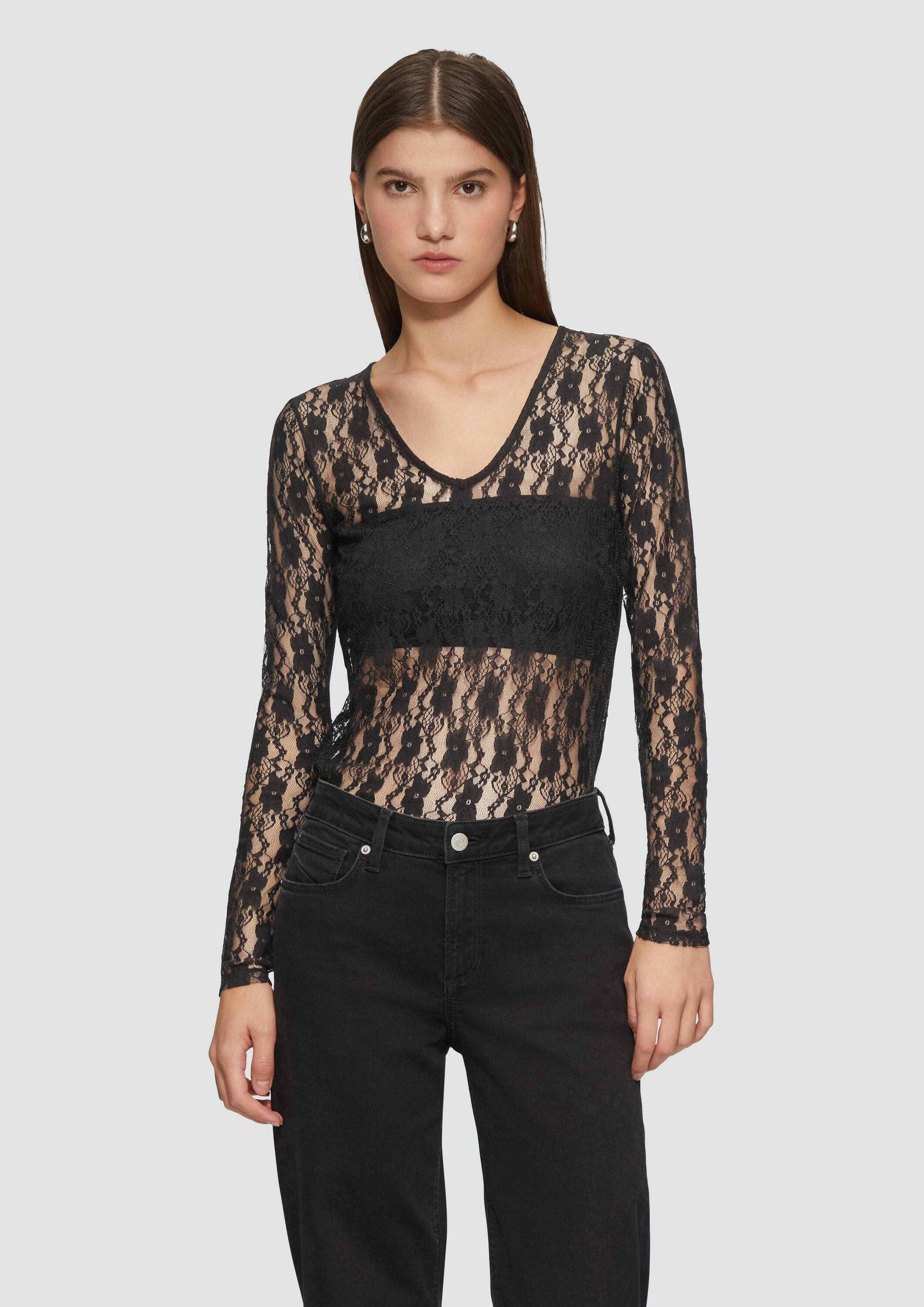QS Langarmshirt T-Shirt Transparentes Spitzenshirt mit V-Ausschnitt günstig online kaufen