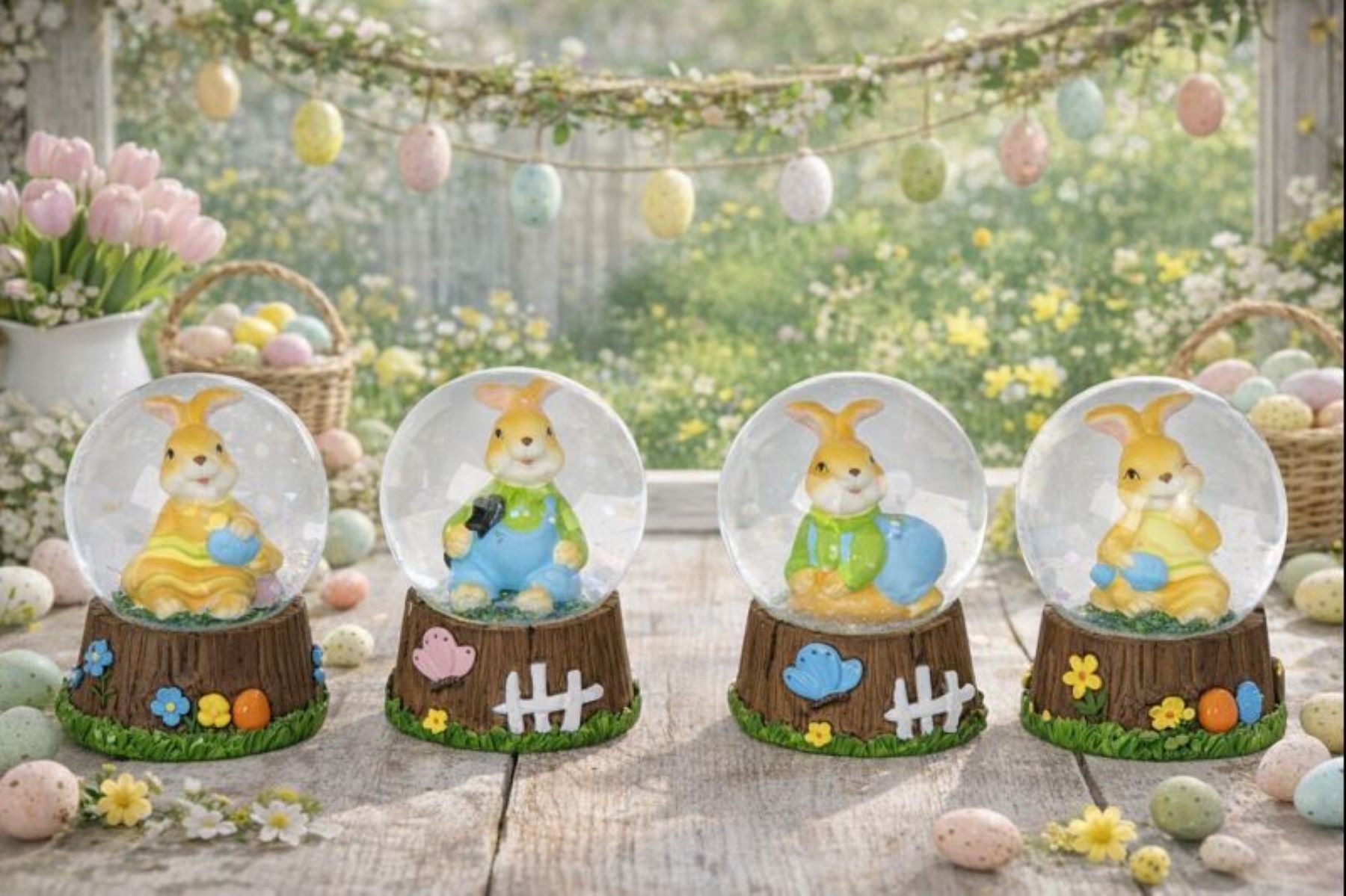 Geschenkestadl Schneekugel 12 Stück Oster Schneekugel mit Hase Osterhase – Frühlingsdeko (12 Stück, 12 Stück 4 fach sortiert)