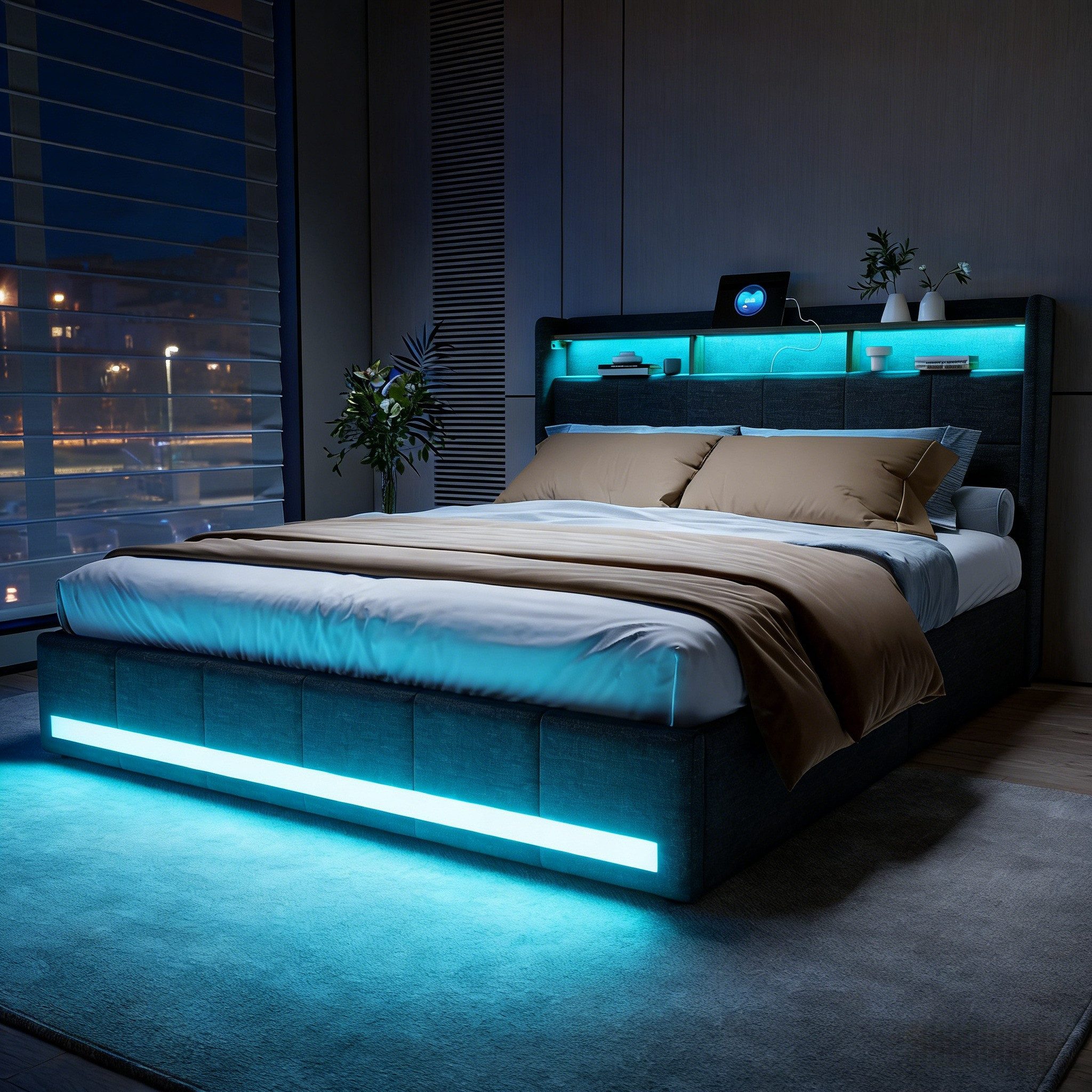 Furnishings Home Polsterbett LED Doppelbett Stauraumbett mit Kopfteil und 4 Schubladen (Leinenmaterial Polsterbett mit RGB Beleuchtung), mit Lattenrost und Ladefunktion, mit Komforthöhe, Leises Design Bett