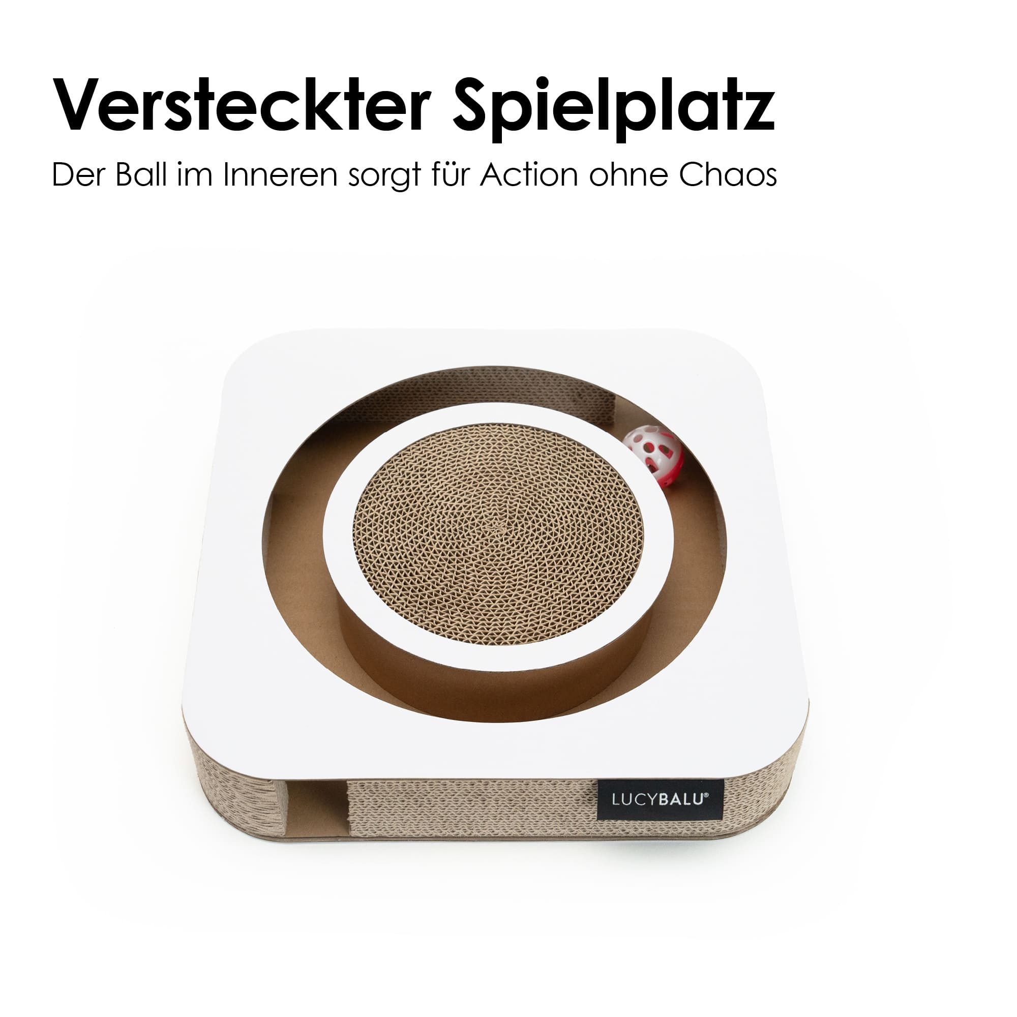 LucyBalu Tier-Beschäftigungsspielzeug PLAYBOOK Interaktives Katzen Spielzeug, Kratzbrett mit Ball, Katzenspielzeug mit Table-Book-Hülle