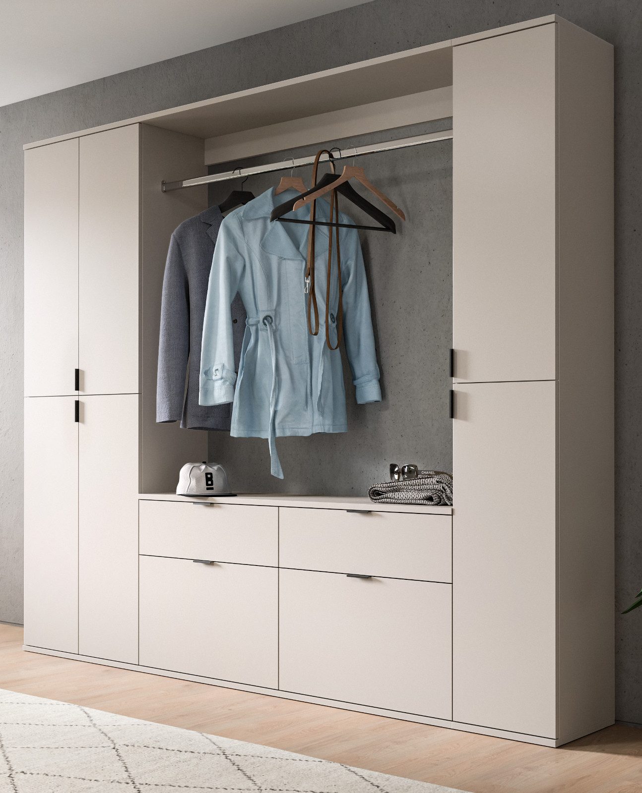 Inn.Furn Garderoben-Set Line-Up, (Komplett-Set in Kaschmir / Sand, inkl. Schuhschrank, 212 x 193 cm), bis zu 21 Fächer, variabel einrichtbar