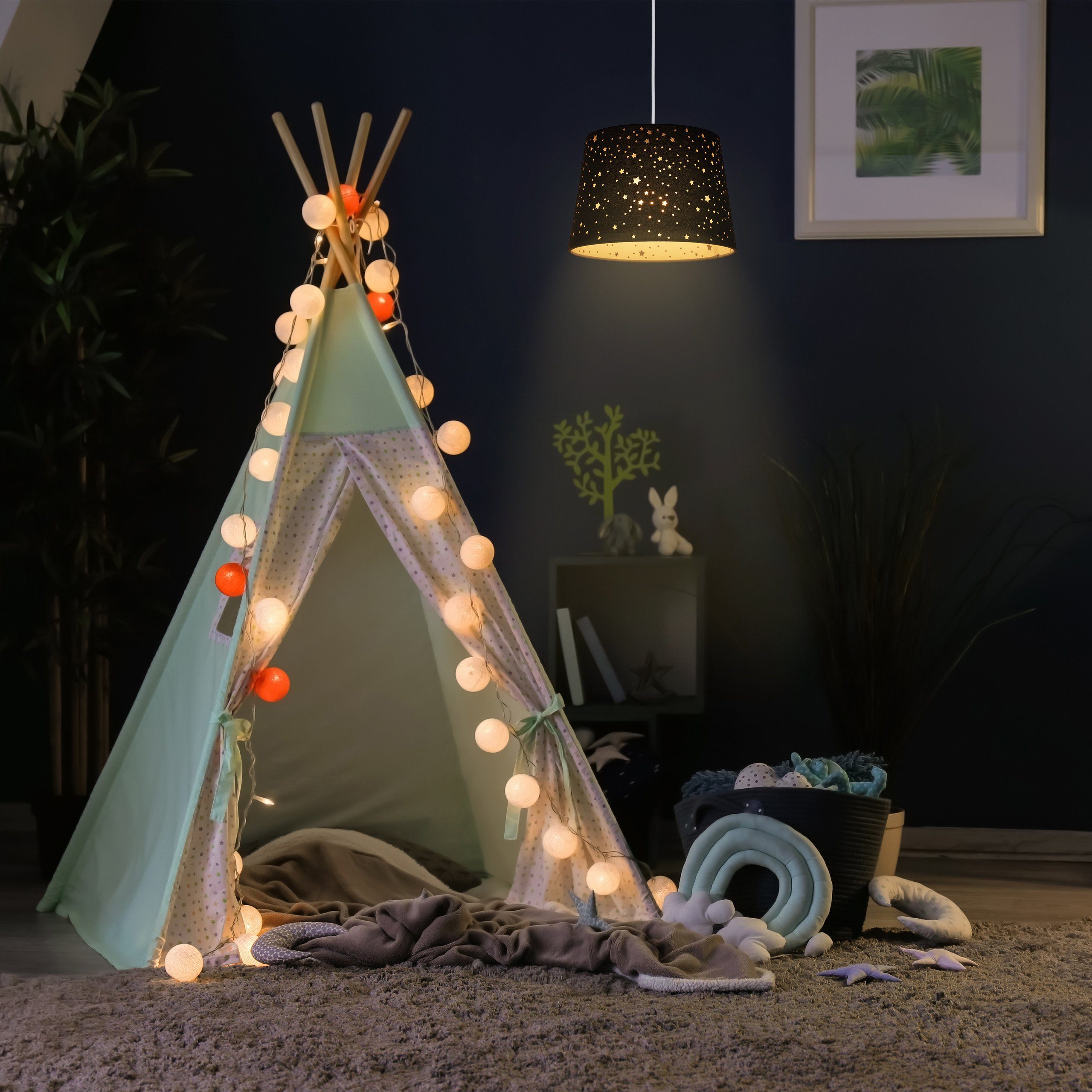 relaxdays Hängeleuchte Dunkelblau Kinderzimmerlampe Sterne, Blau